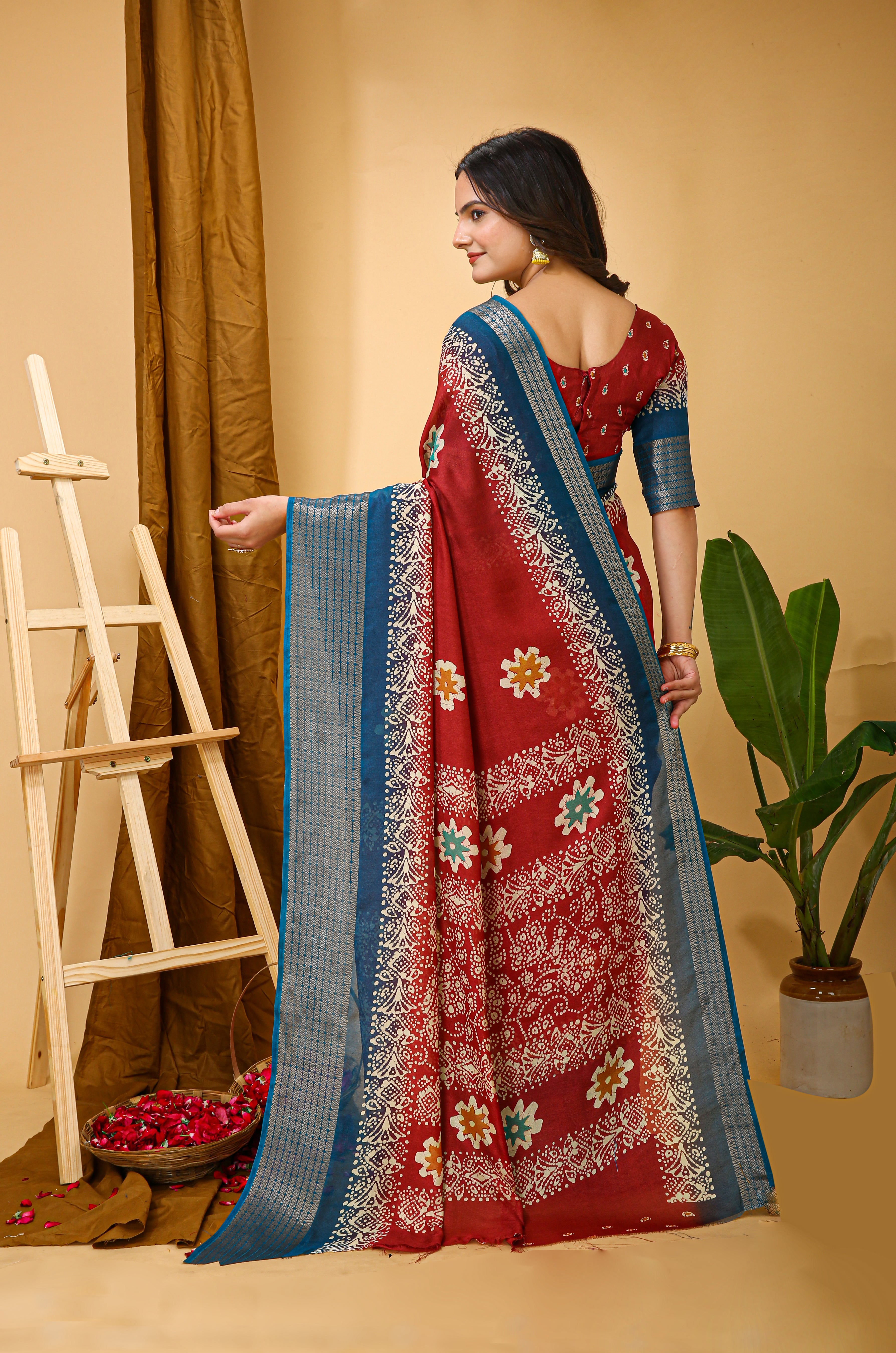 New Enchanting Fancy Soft Marshmallow Blue Bodered Red Saree With Unstiched Blouse