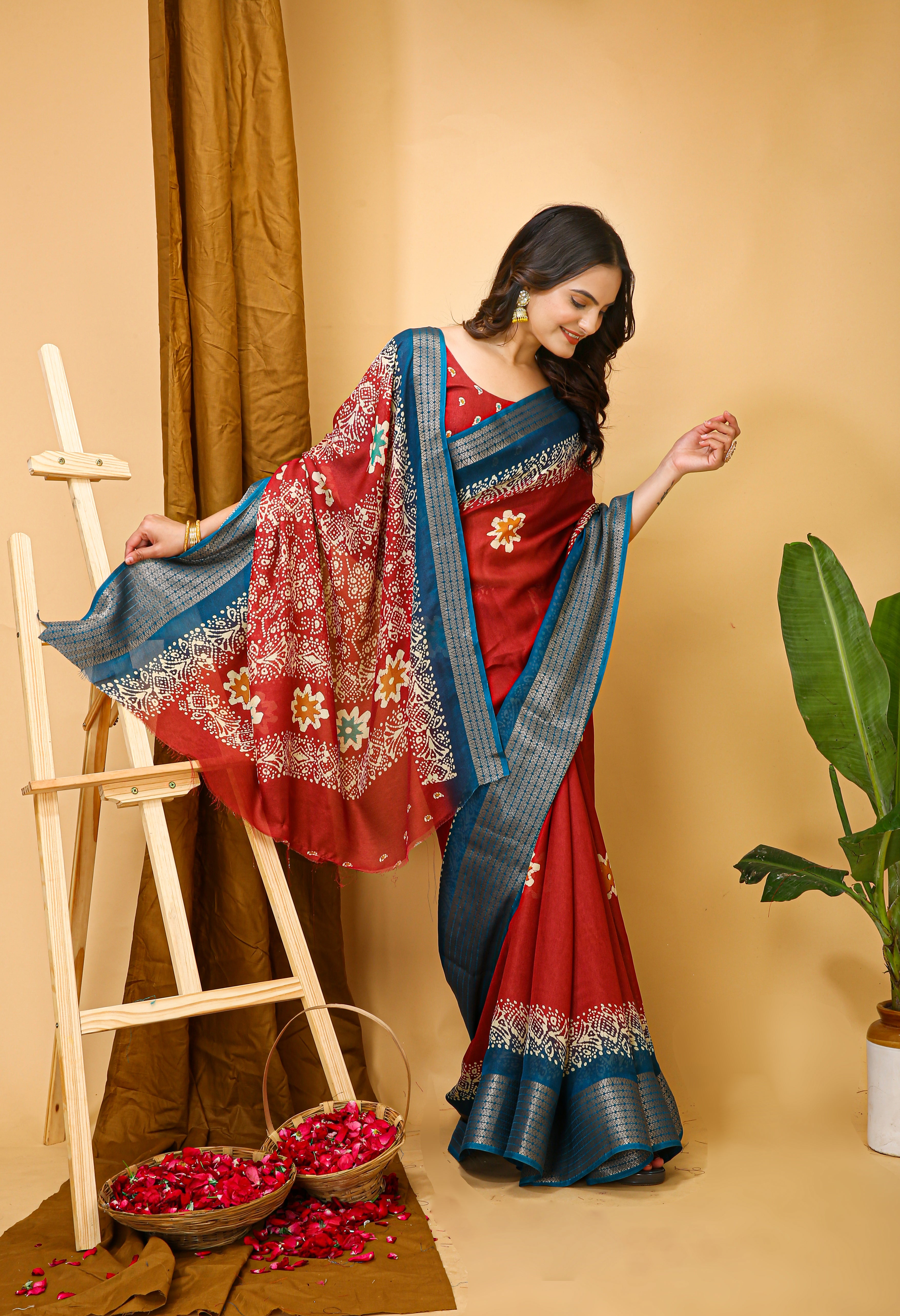 New Enchanting Fancy Soft Marshmallow Blue Bodered Red Saree With Unstiched Blouse