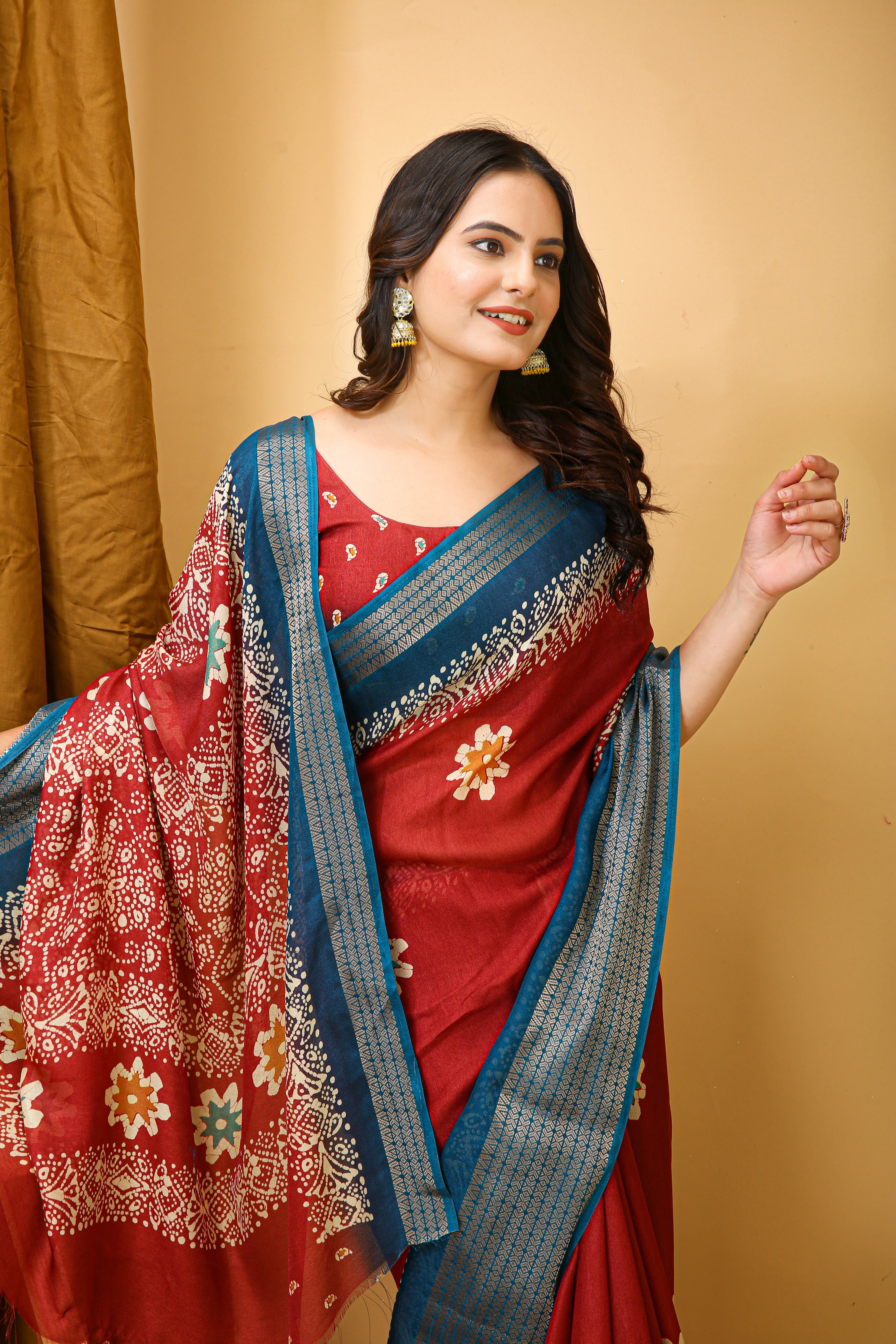 New Enchanting Fancy Soft Marshmallow Blue Bodered Red Saree With Unstiched Blouse