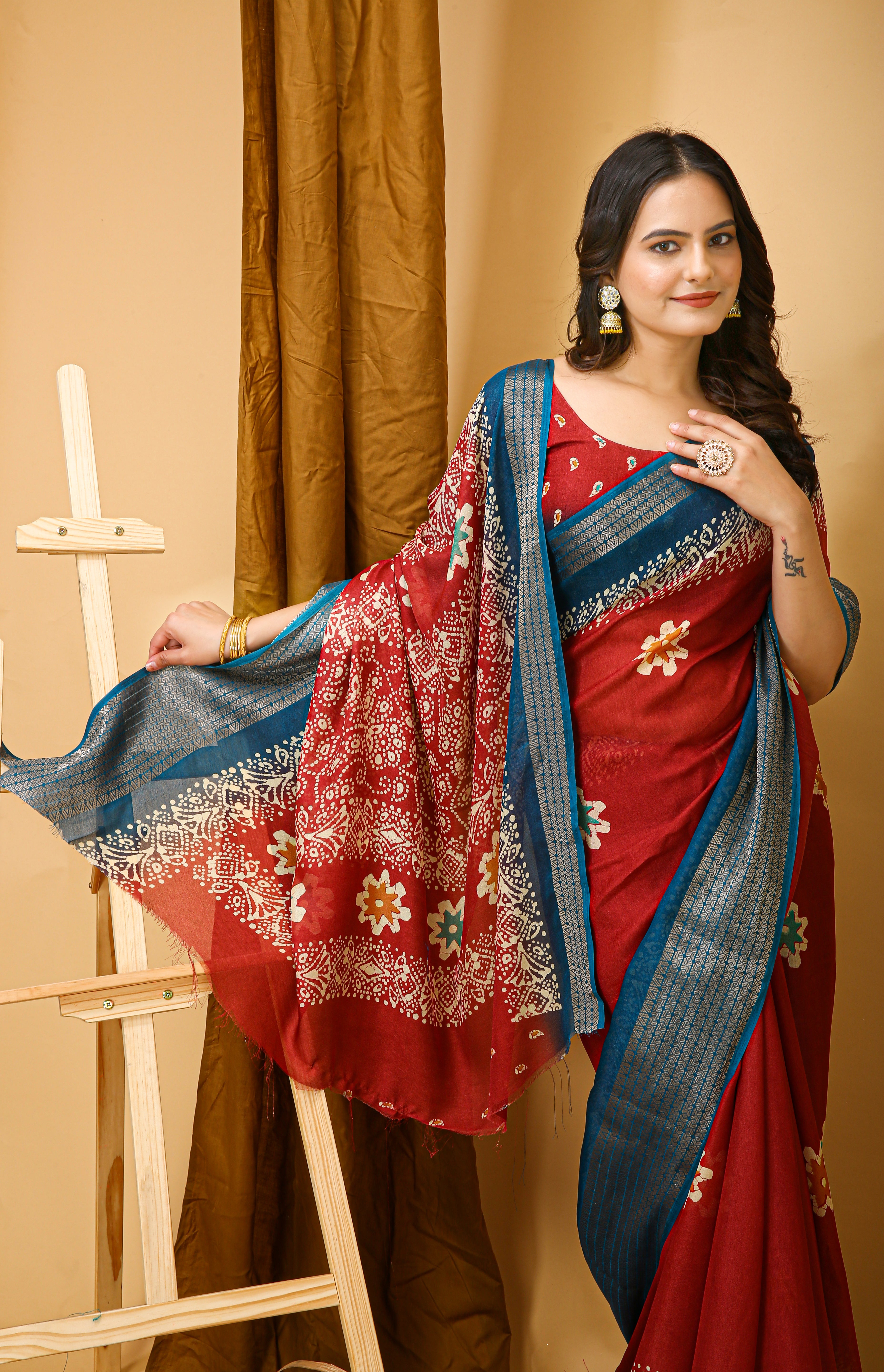 New Enchanting Fancy Soft Marshmallow Blue Bodered Red Saree With Unstiched Blouse