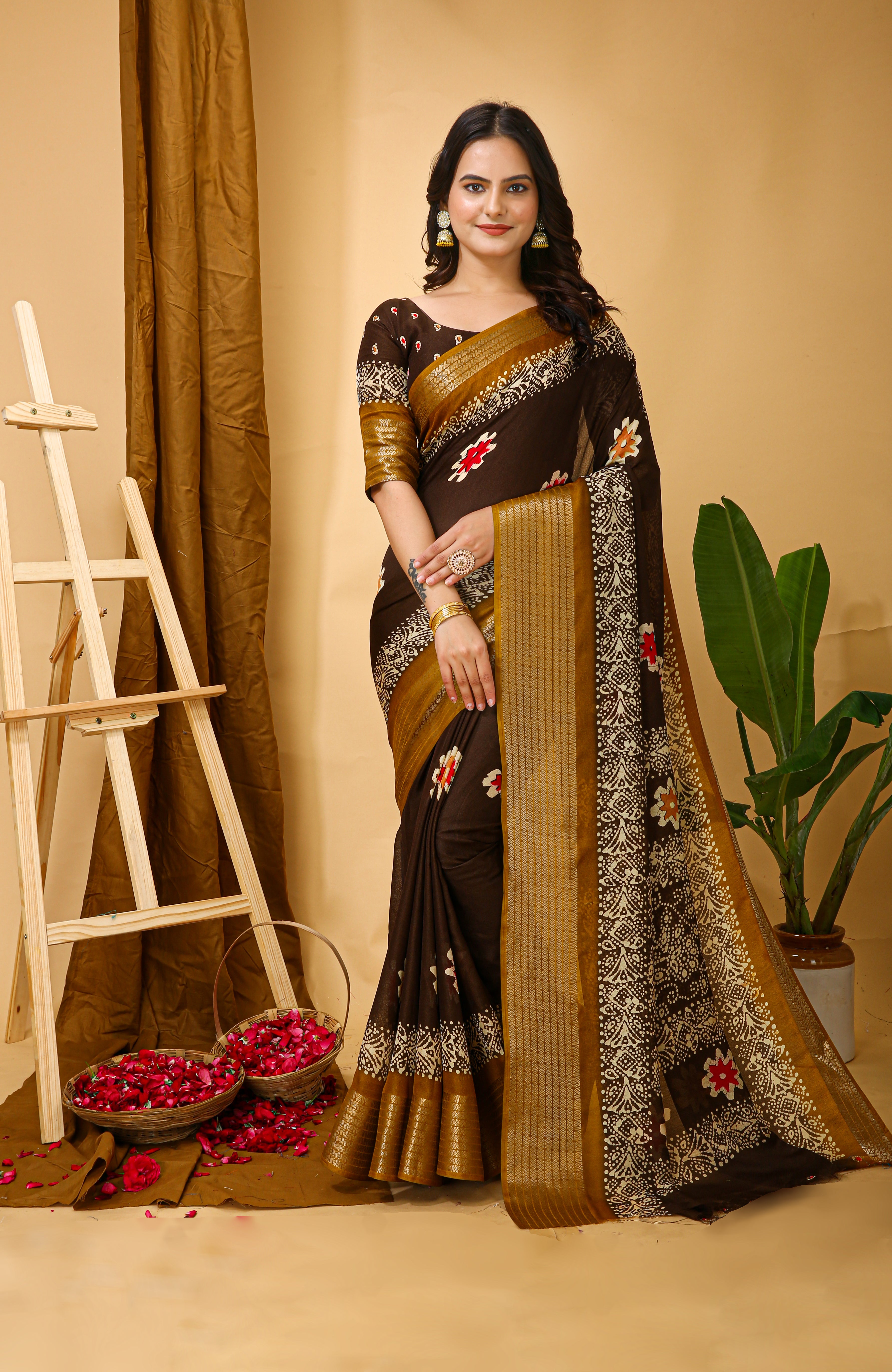 New Enchanting Fancy Soft Marshmallow Yellow Bodered Brown Saree With Unstiched Blouse