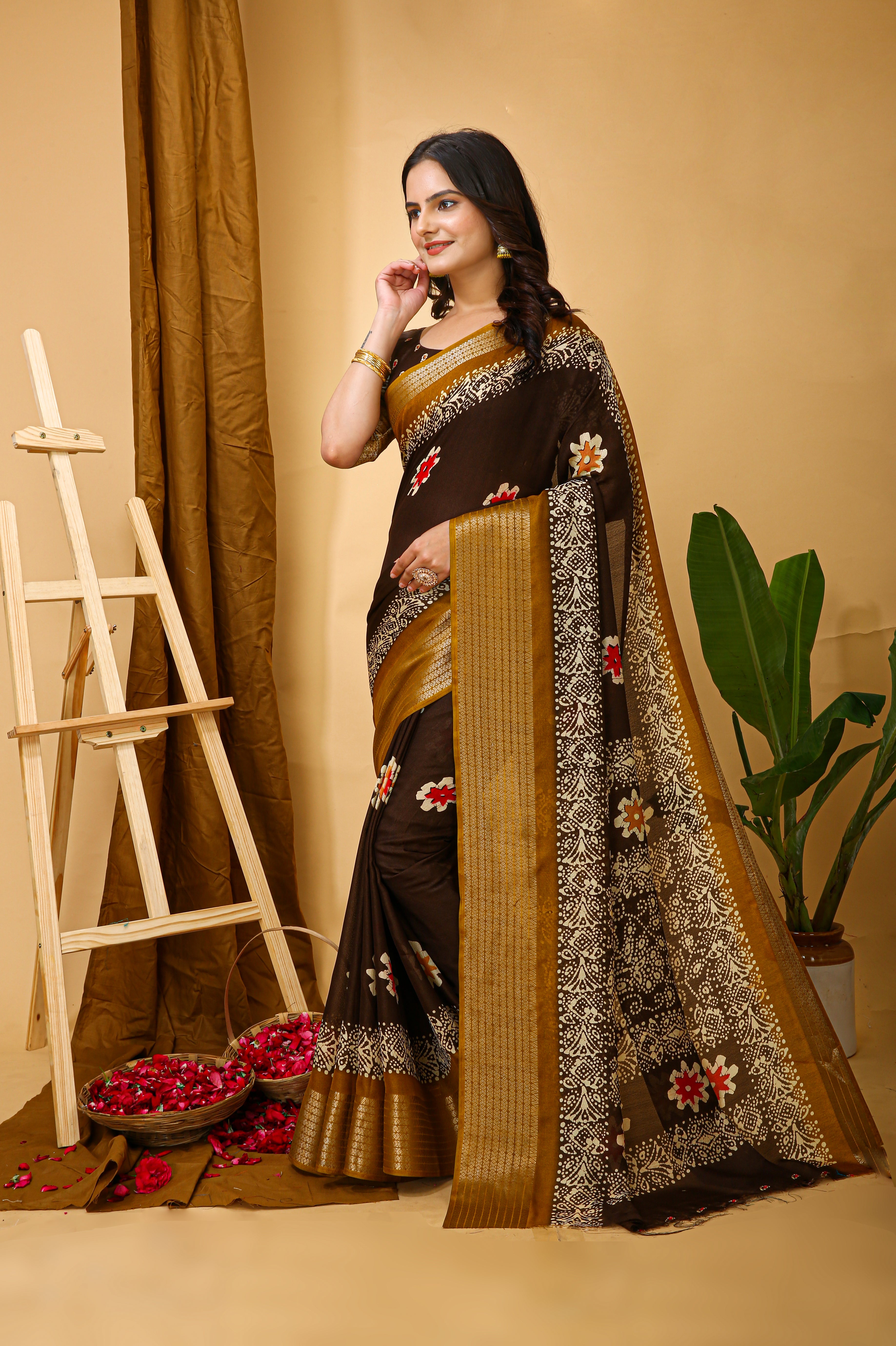 New Enchanting Fancy Soft Marshmallow Yellow Bodered Brown Saree With Unstiched Blouse