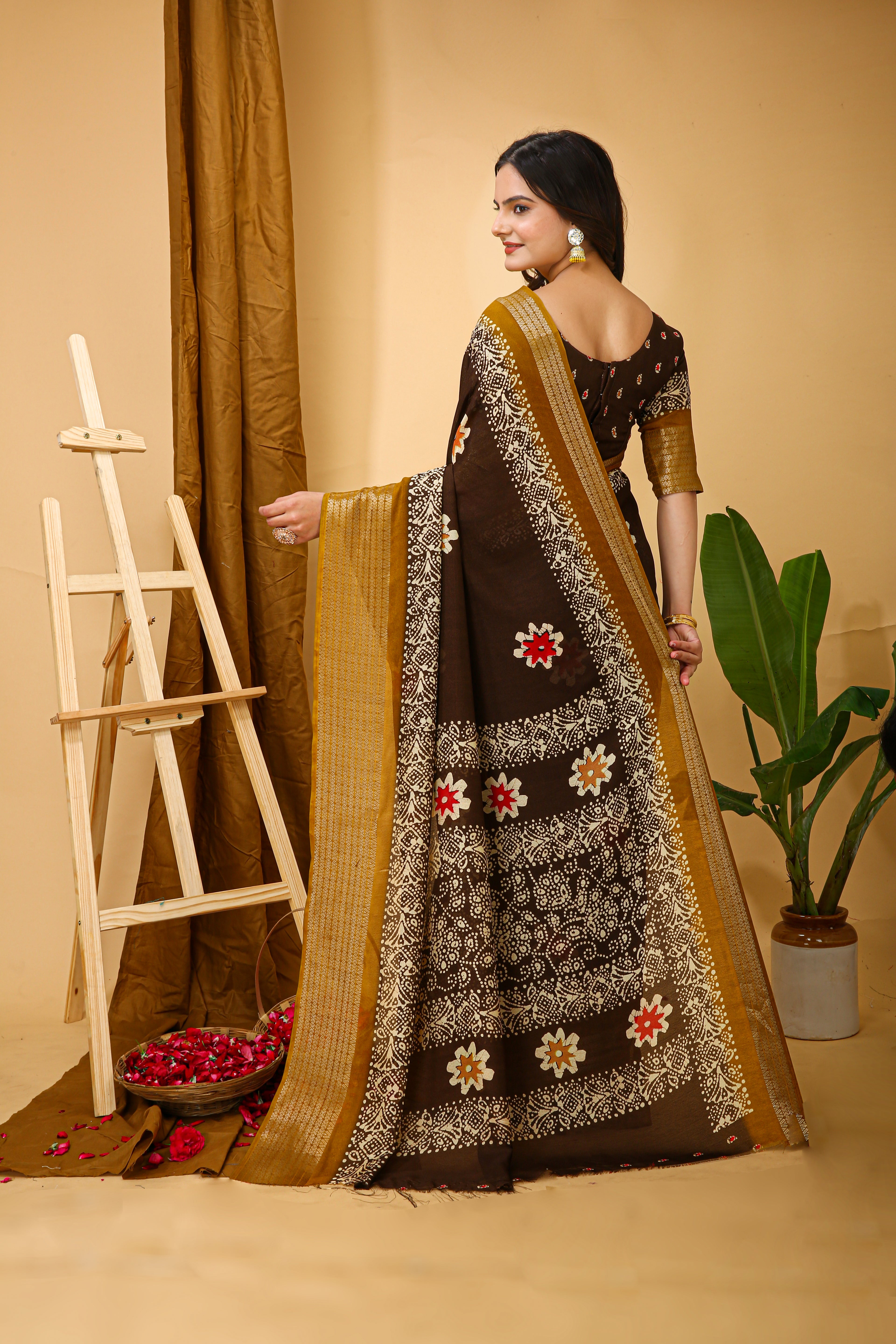 New Enchanting Fancy Soft Marshmallow Yellow Bodered Brown Saree With Unstiched Blouse