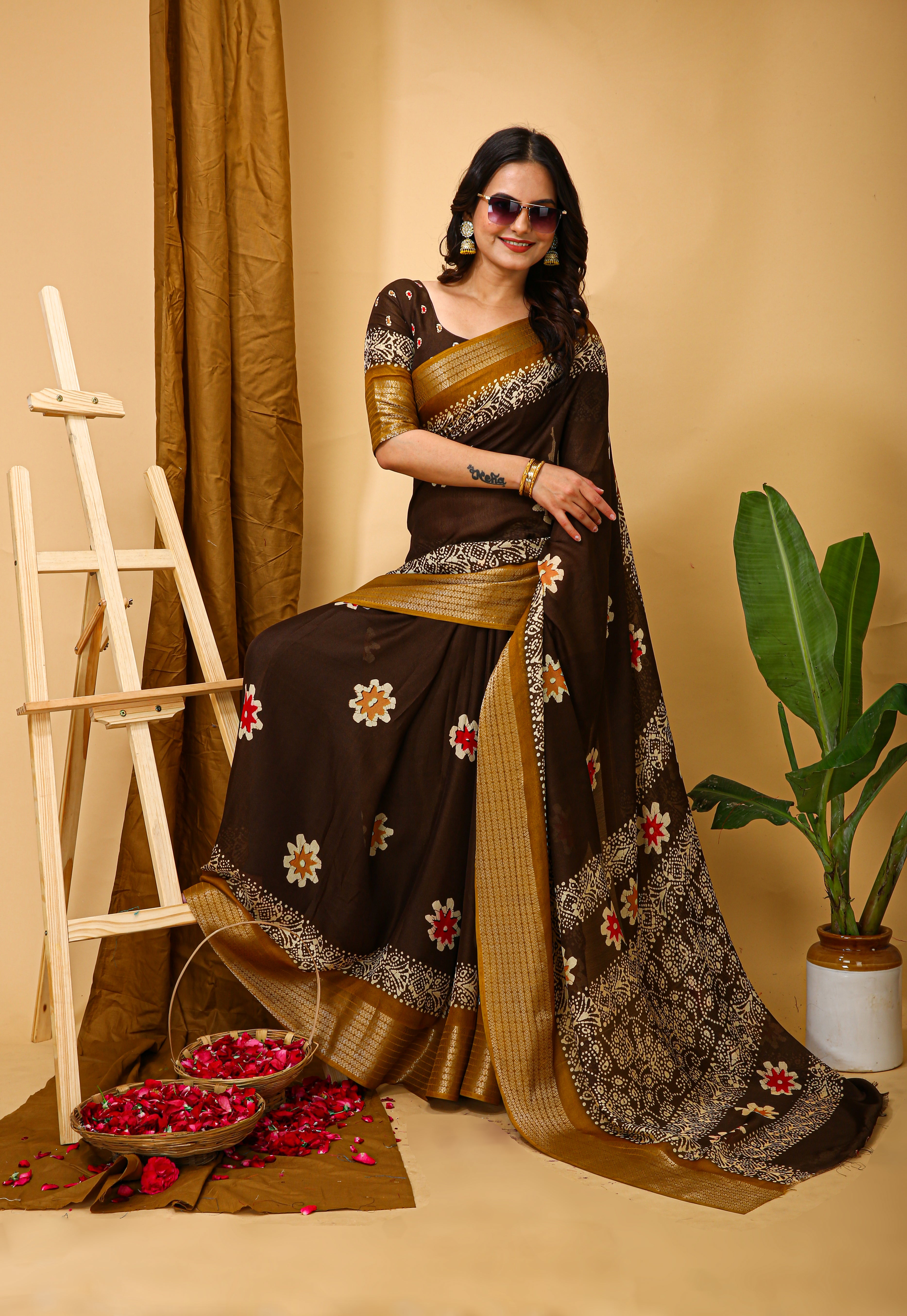 New Enchanting Fancy Soft Marshmallow Yellow Bodered Brown Saree With Unstiched Blouse