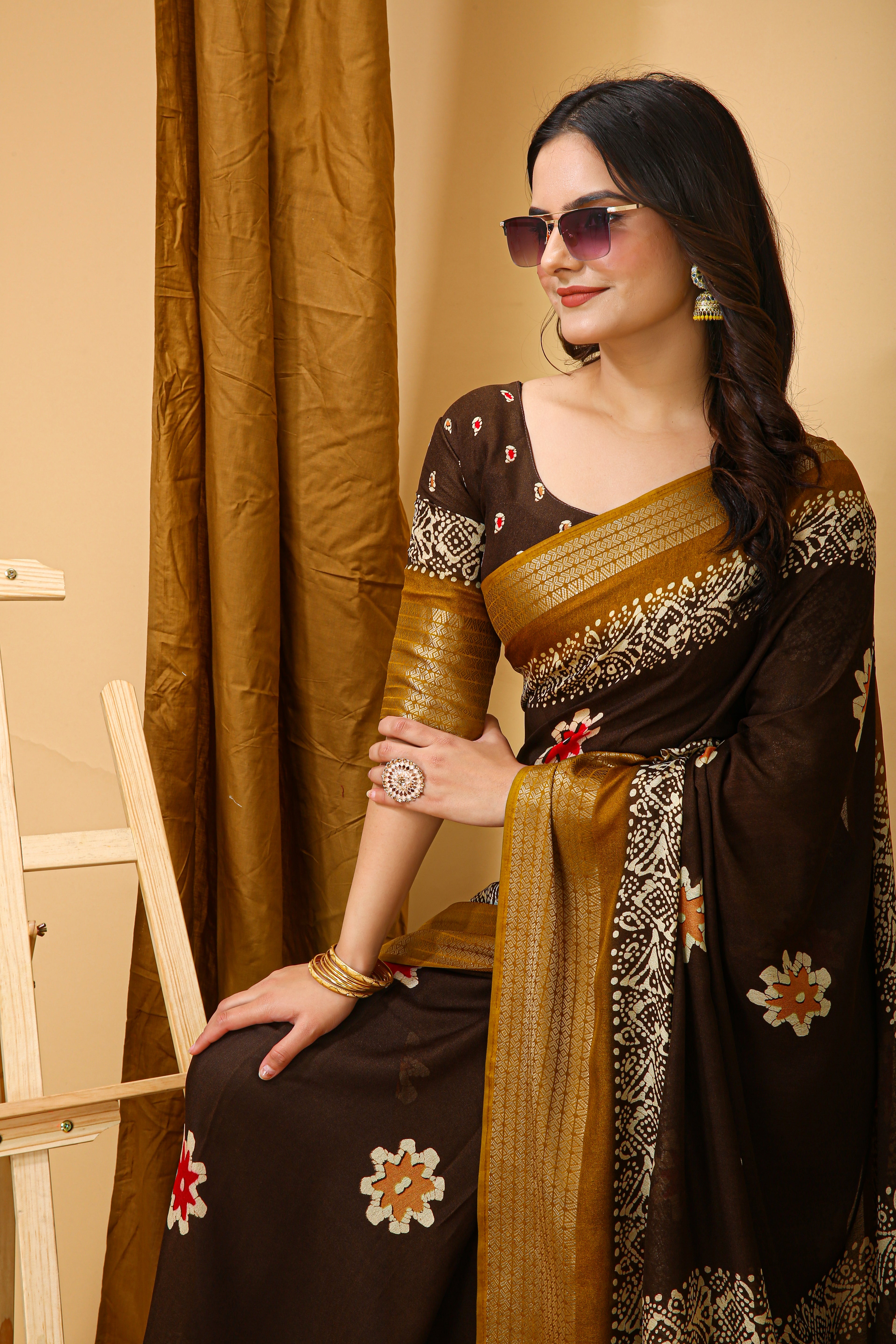 New Enchanting Fancy Soft Marshmallow Yellow Bodered Brown Saree With Unstiched Blouse