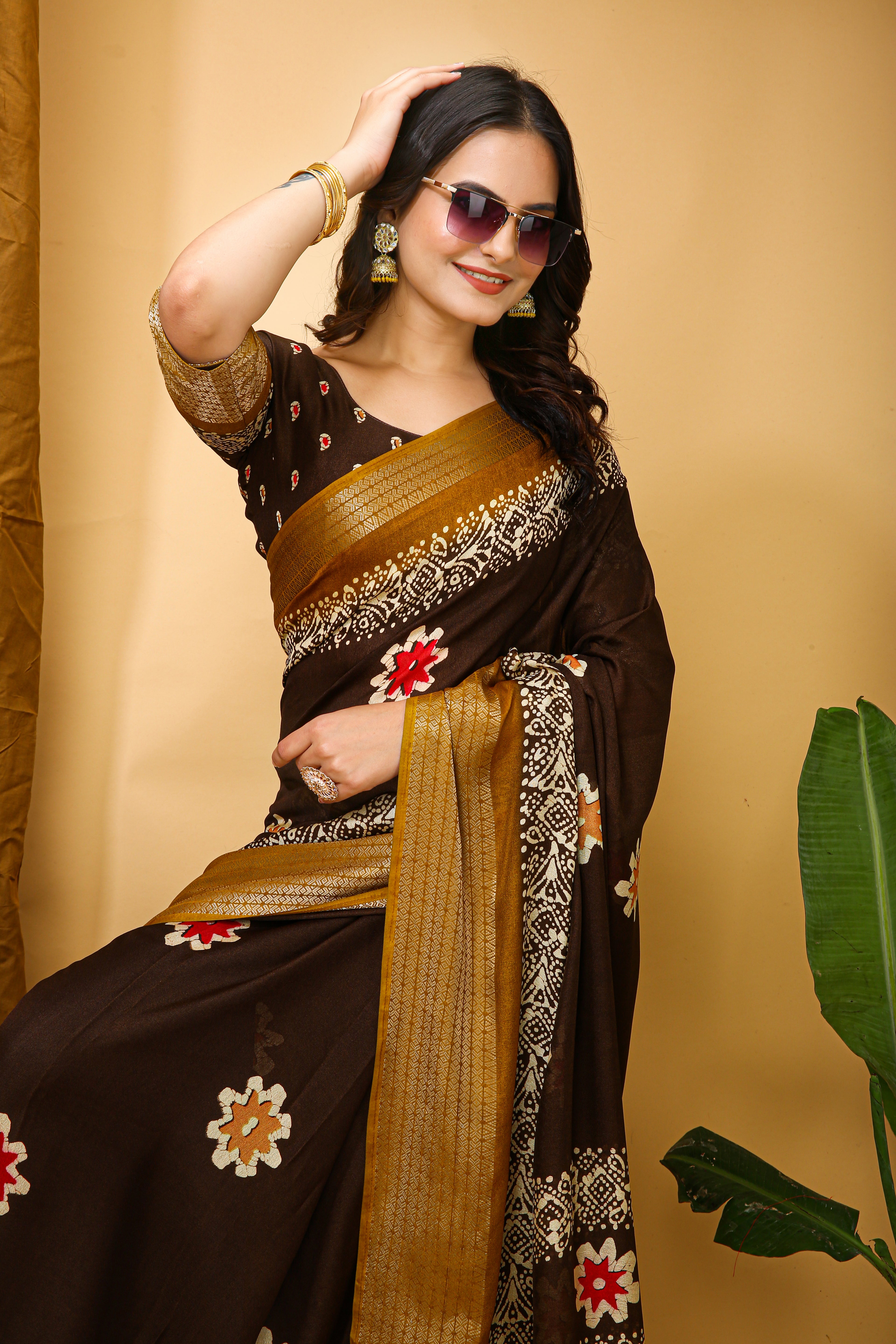 New Enchanting Fancy Soft Marshmallow Yellow Bodered Brown Saree With Unstiched Blouse