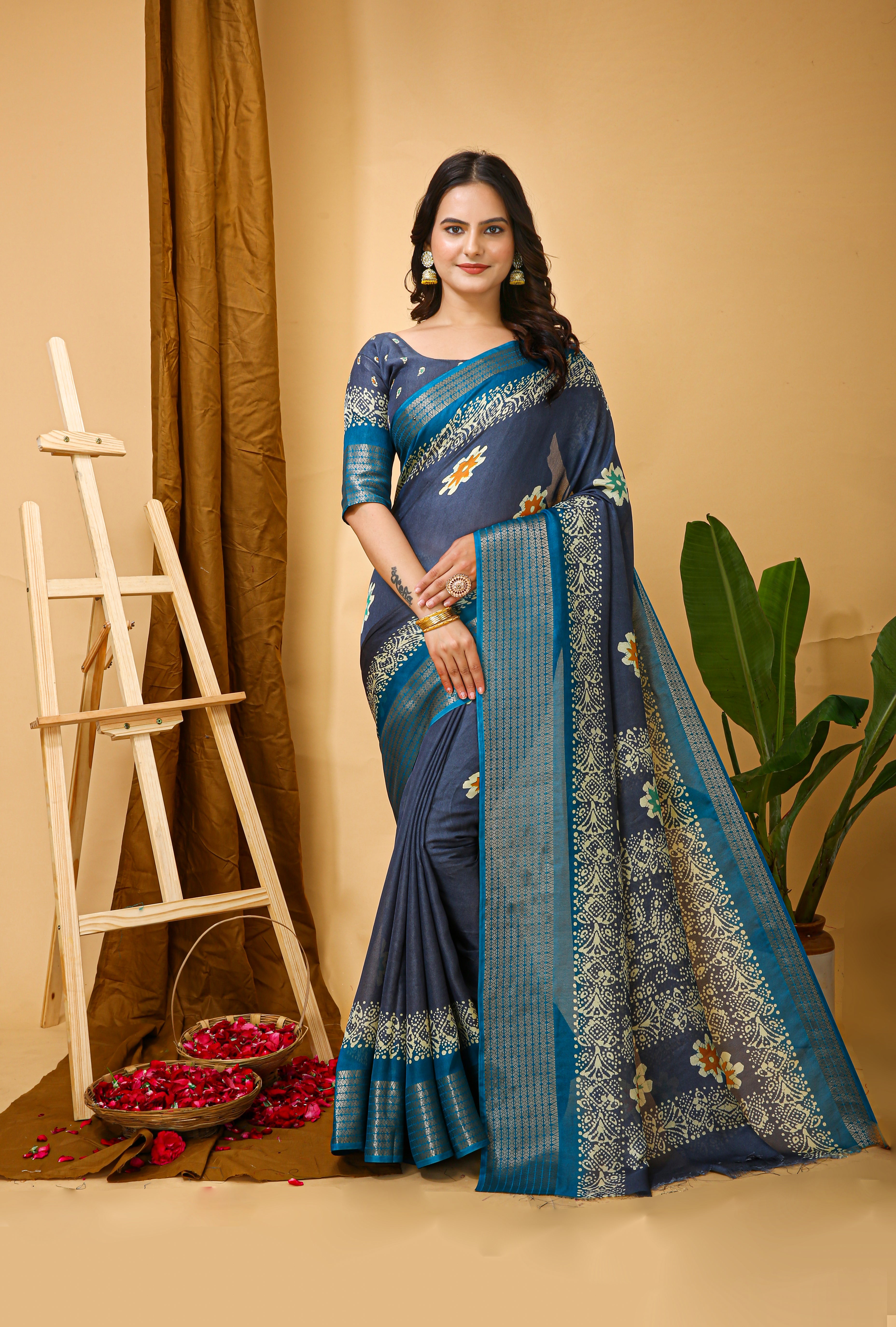 New Enchanting Fancy Soft Marshmallow Sky Blue Bodered Grey Saree With Unstiched Blouse