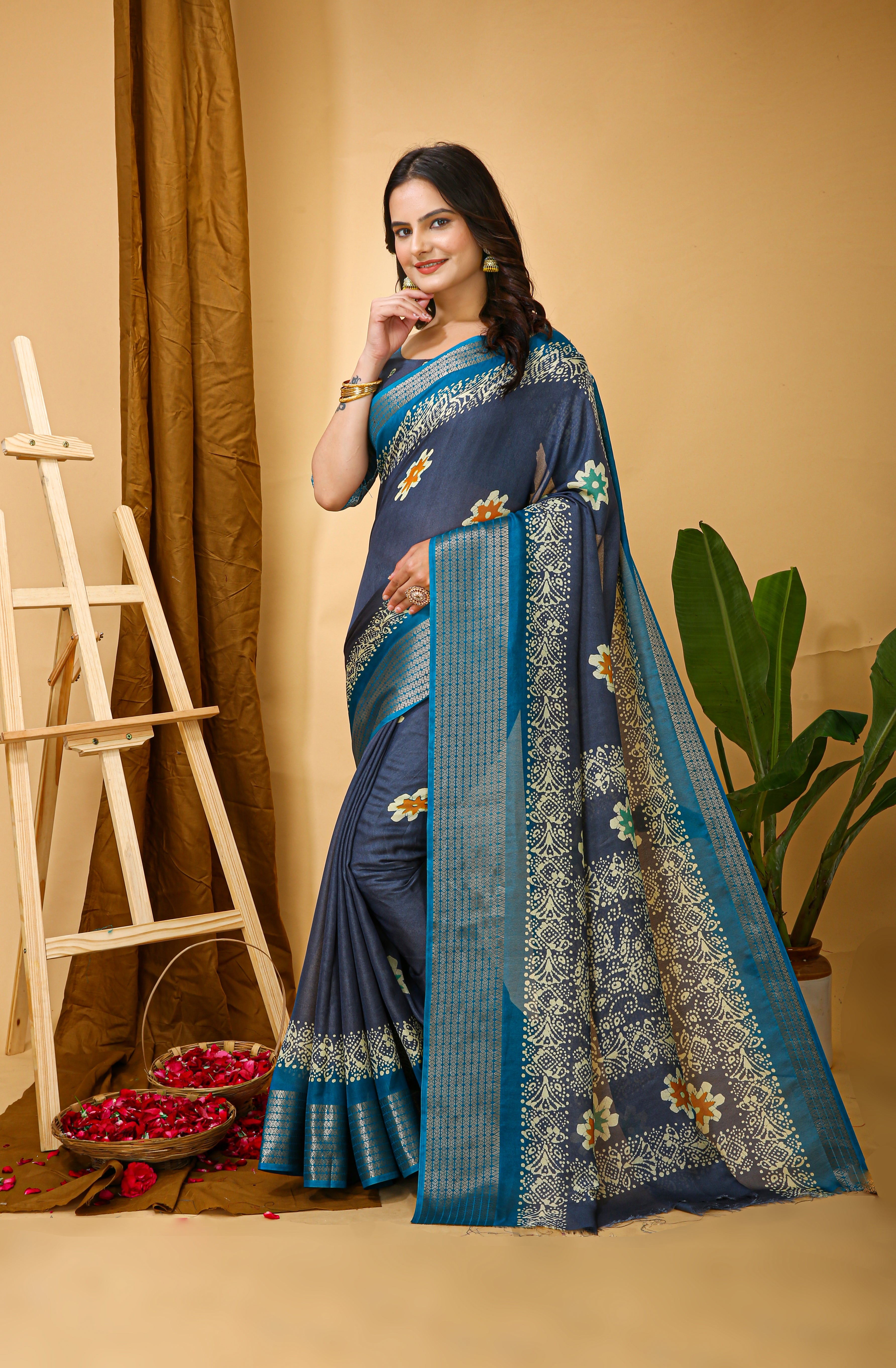 New Enchanting Fancy Soft Marshmallow Sky Blue Bodered Grey Saree With Unstiched Blouse