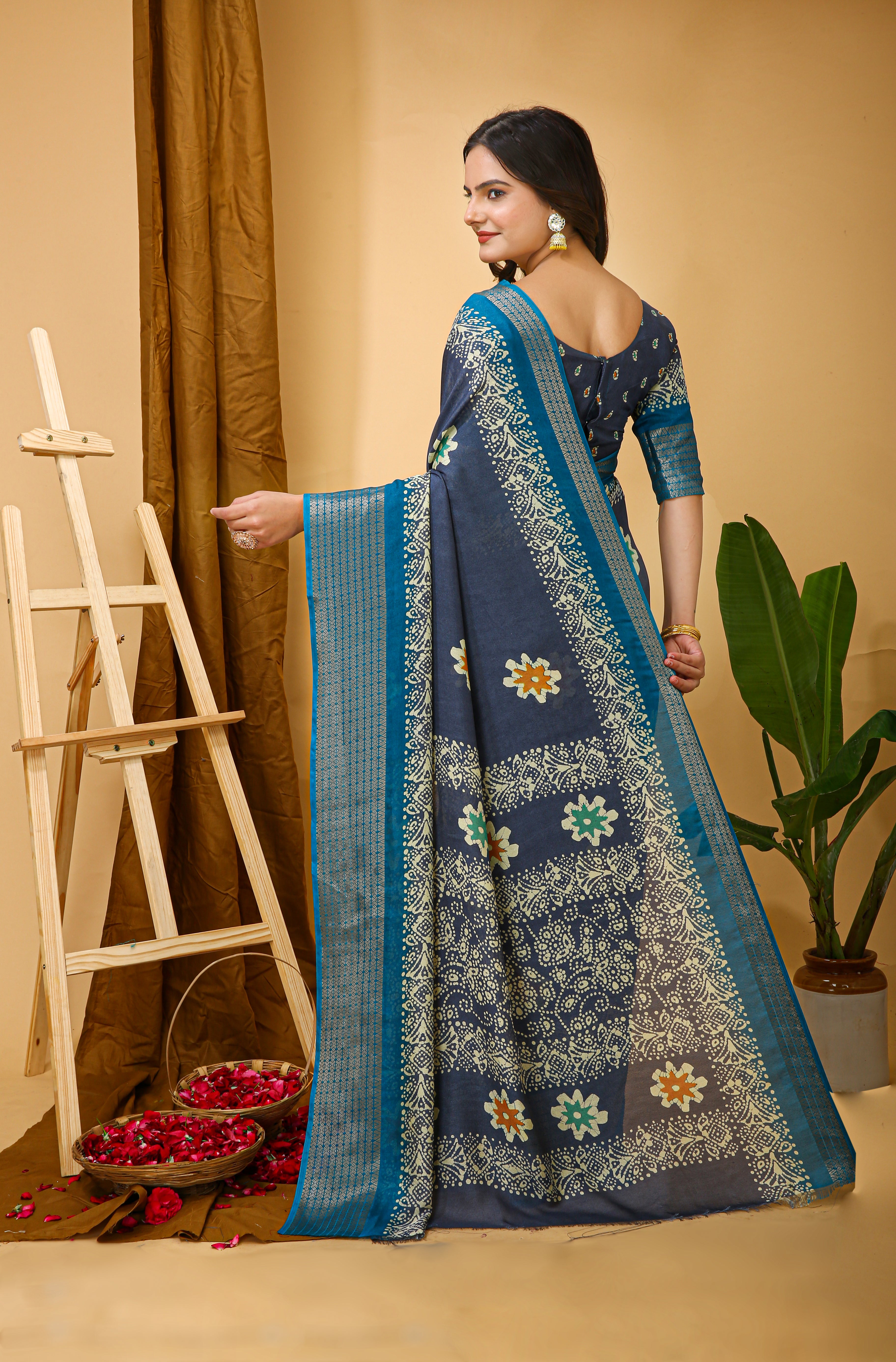 New Enchanting Fancy Soft Marshmallow Sky Blue Bodered Grey Saree With Unstiched Blouse