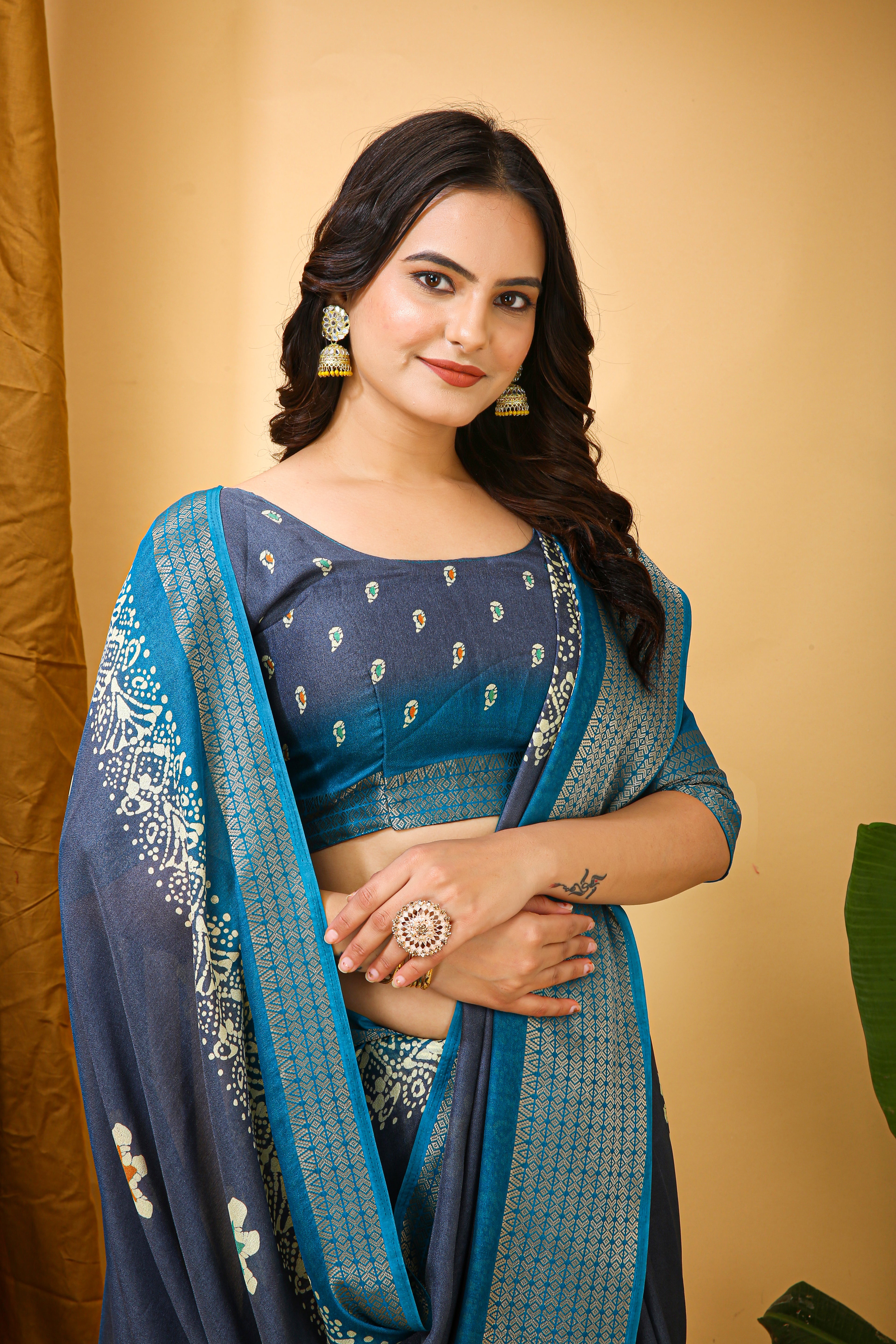 New Enchanting Fancy Soft Marshmallow Sky Blue Bodered Grey Saree With Unstiched Blouse