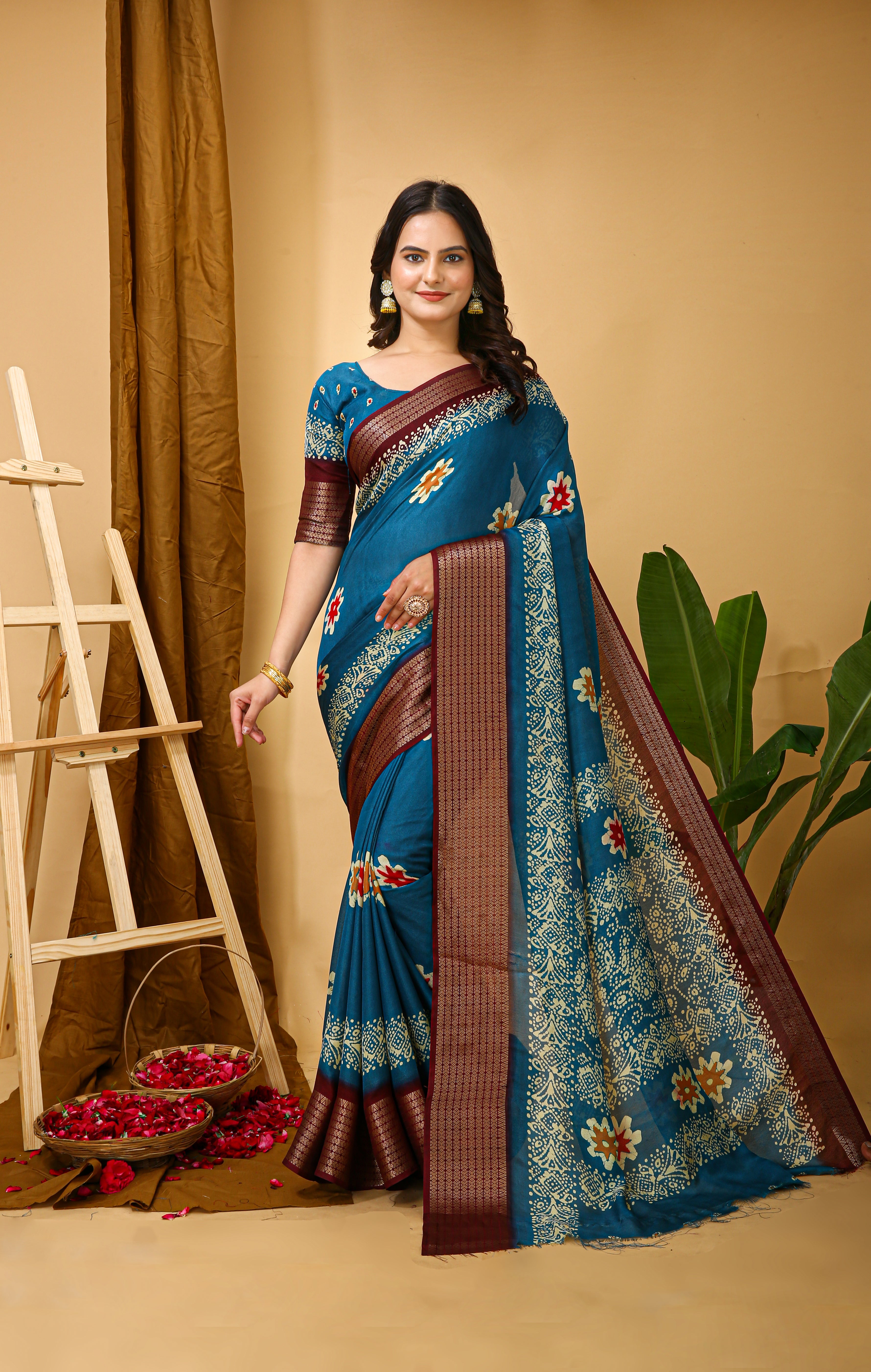 New Enchanting Fancy Soft Marshmallow Brown Bodered Blue Saree With Unstiched Blouse