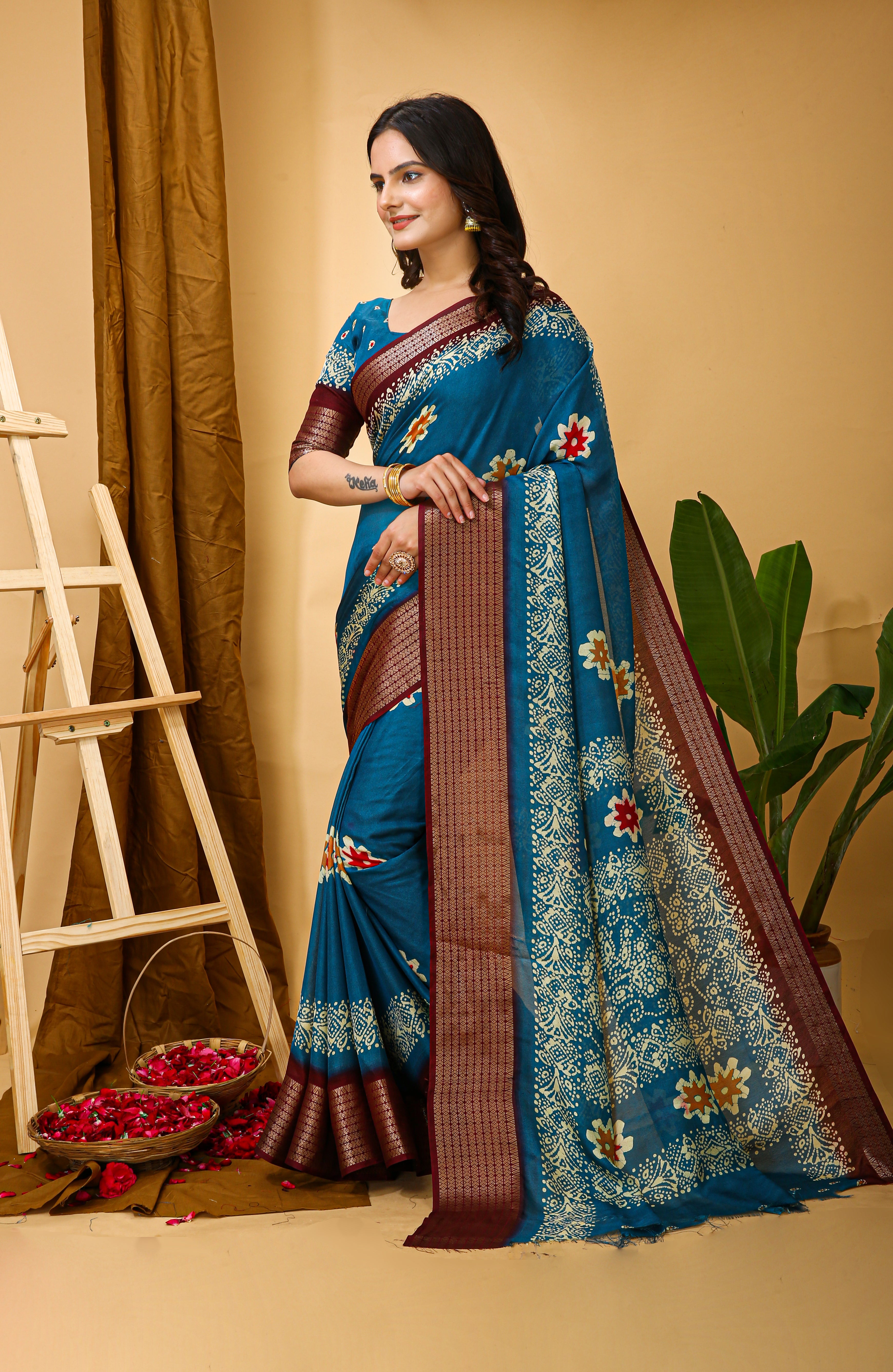 New Enchanting Fancy Soft Marshmallow Brown Bodered Blue Saree With Unstiched Blouse