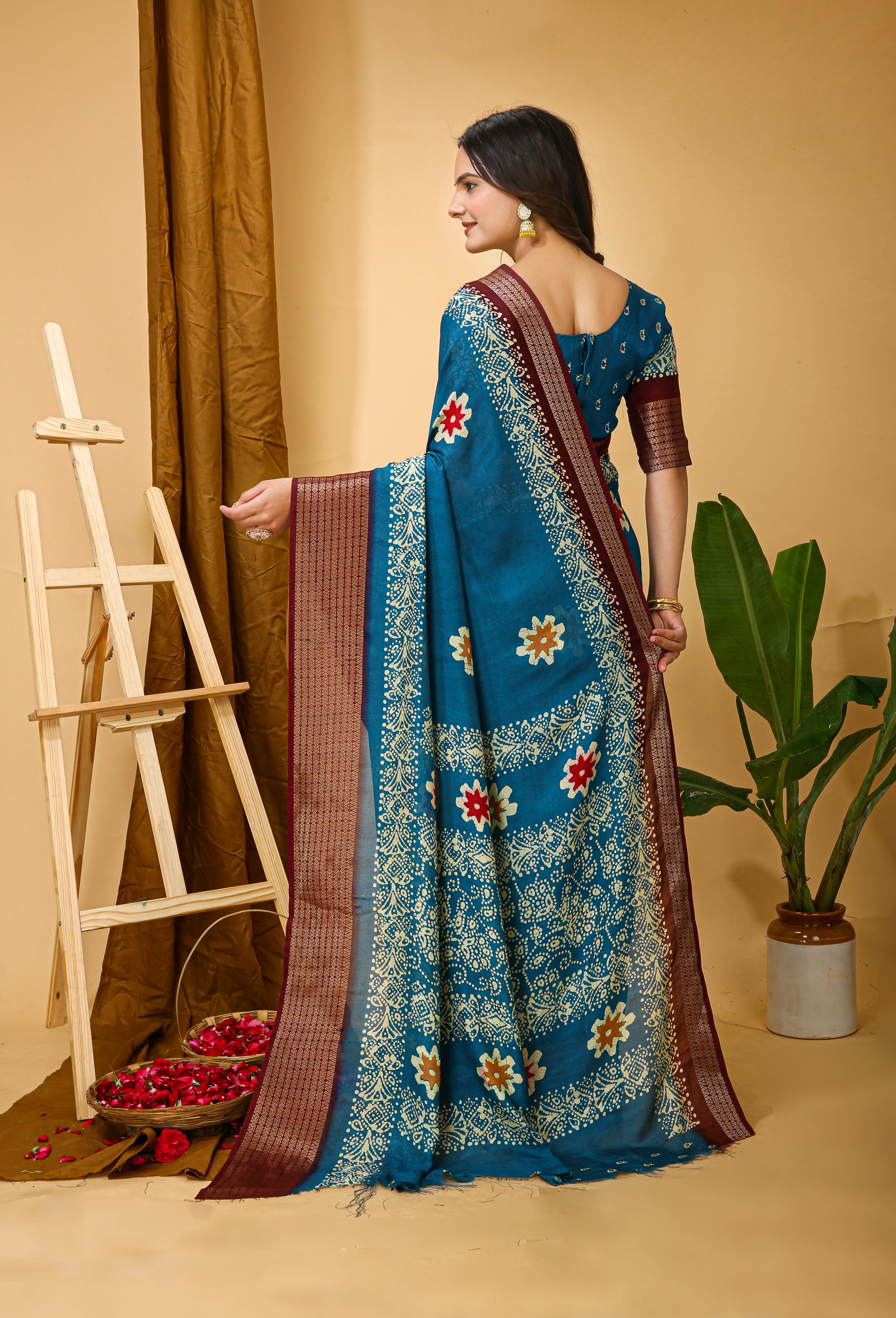 New Enchanting Fancy Soft Marshmallow Brown Bodered Blue Saree With Unstiched Blouse