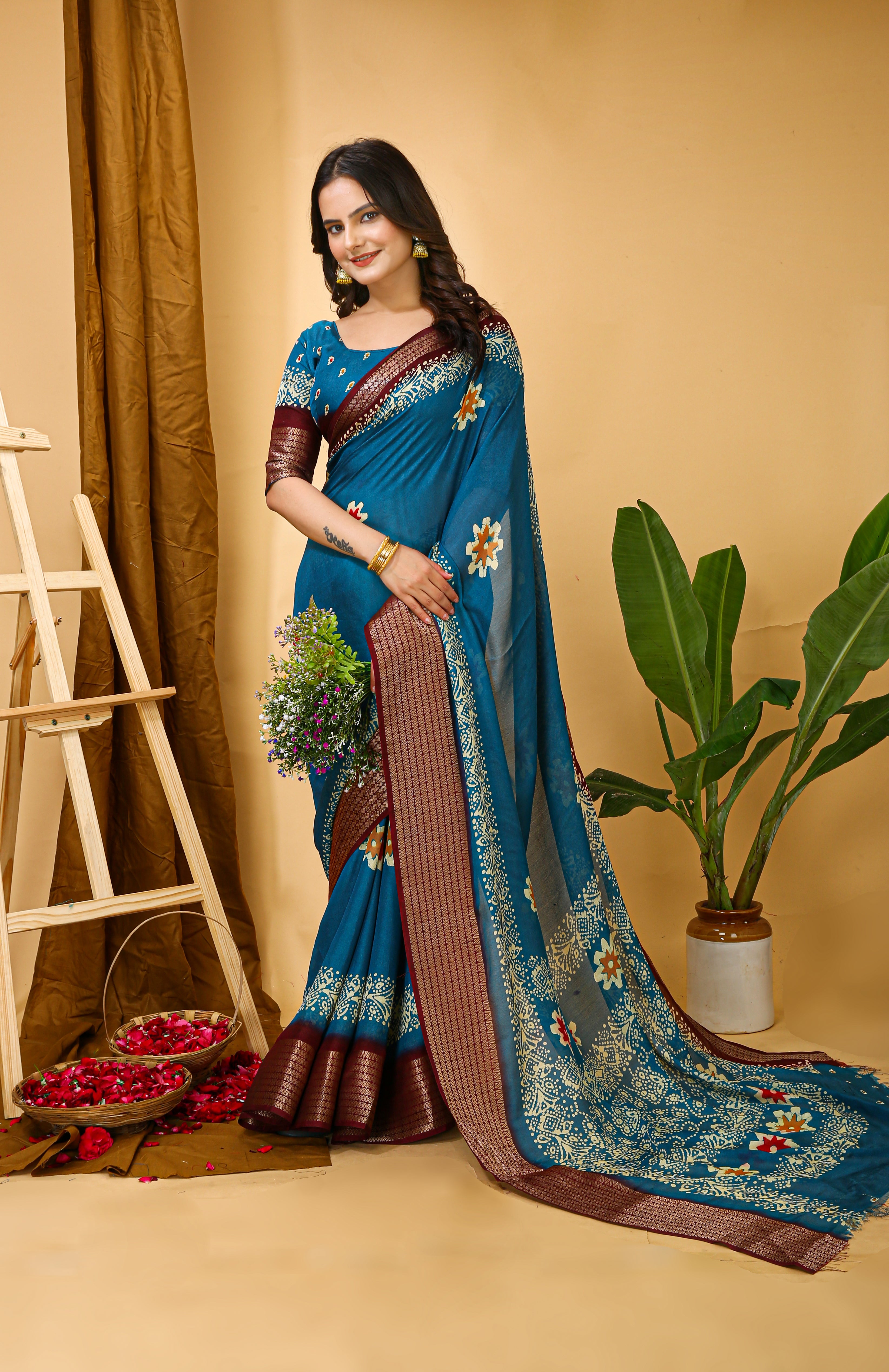 New Enchanting Fancy Soft Marshmallow Brown Bodered Blue Saree With Unstiched Blouse