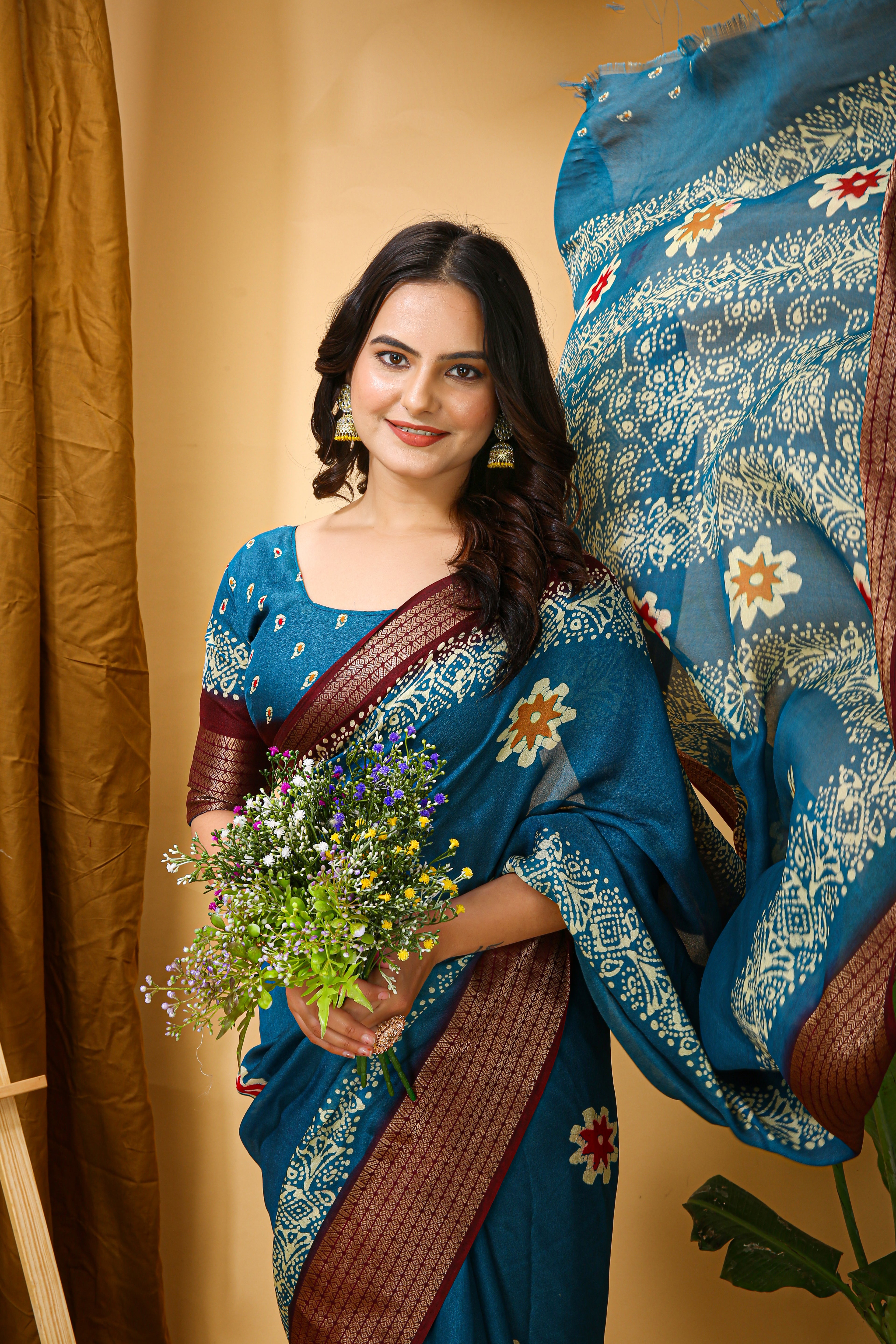 New Enchanting Fancy Soft Marshmallow Brown Bodered Blue Saree With Unstiched Blouse