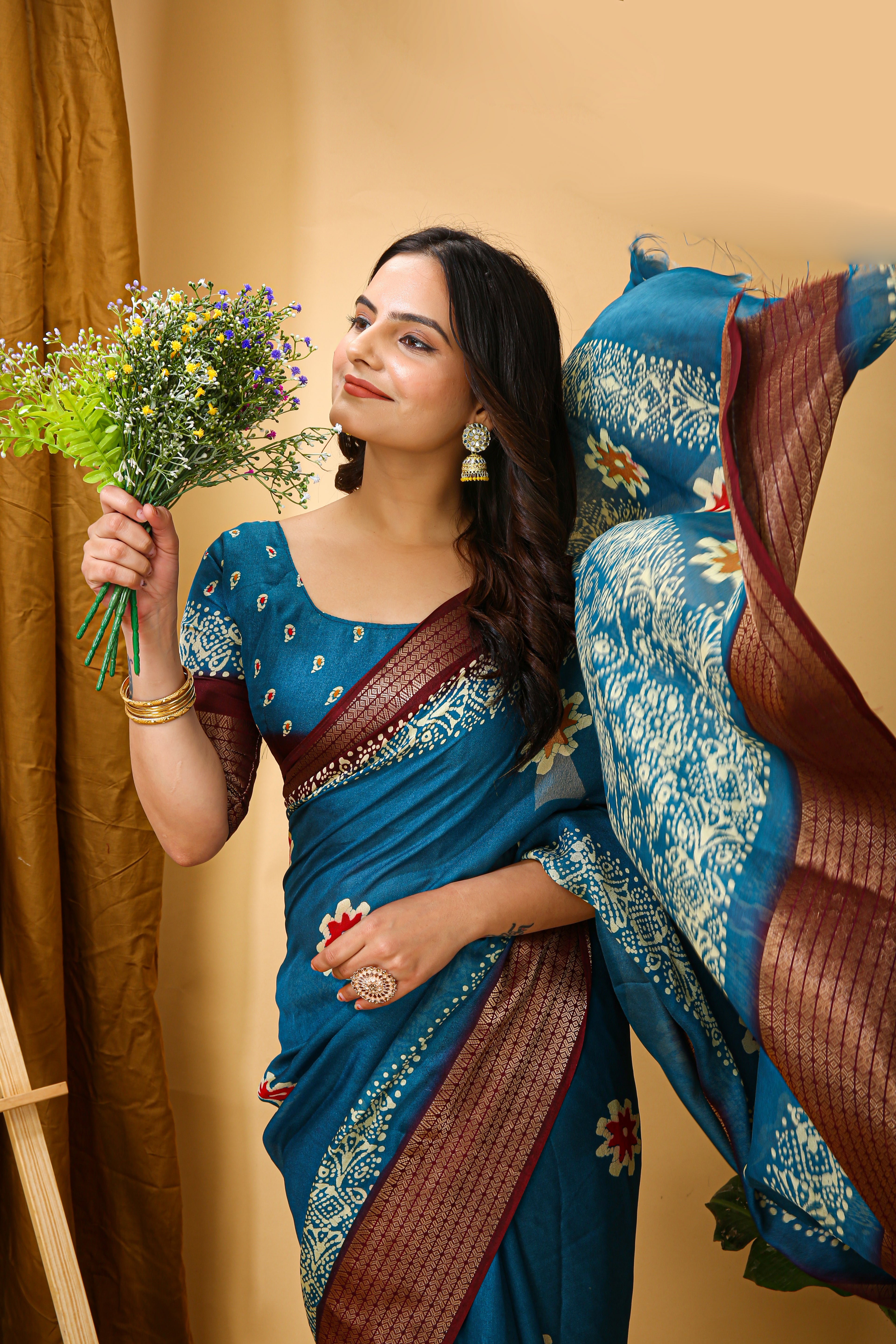 New Enchanting Fancy Soft Marshmallow Brown Bodered Blue Saree With Unstiched Blouse