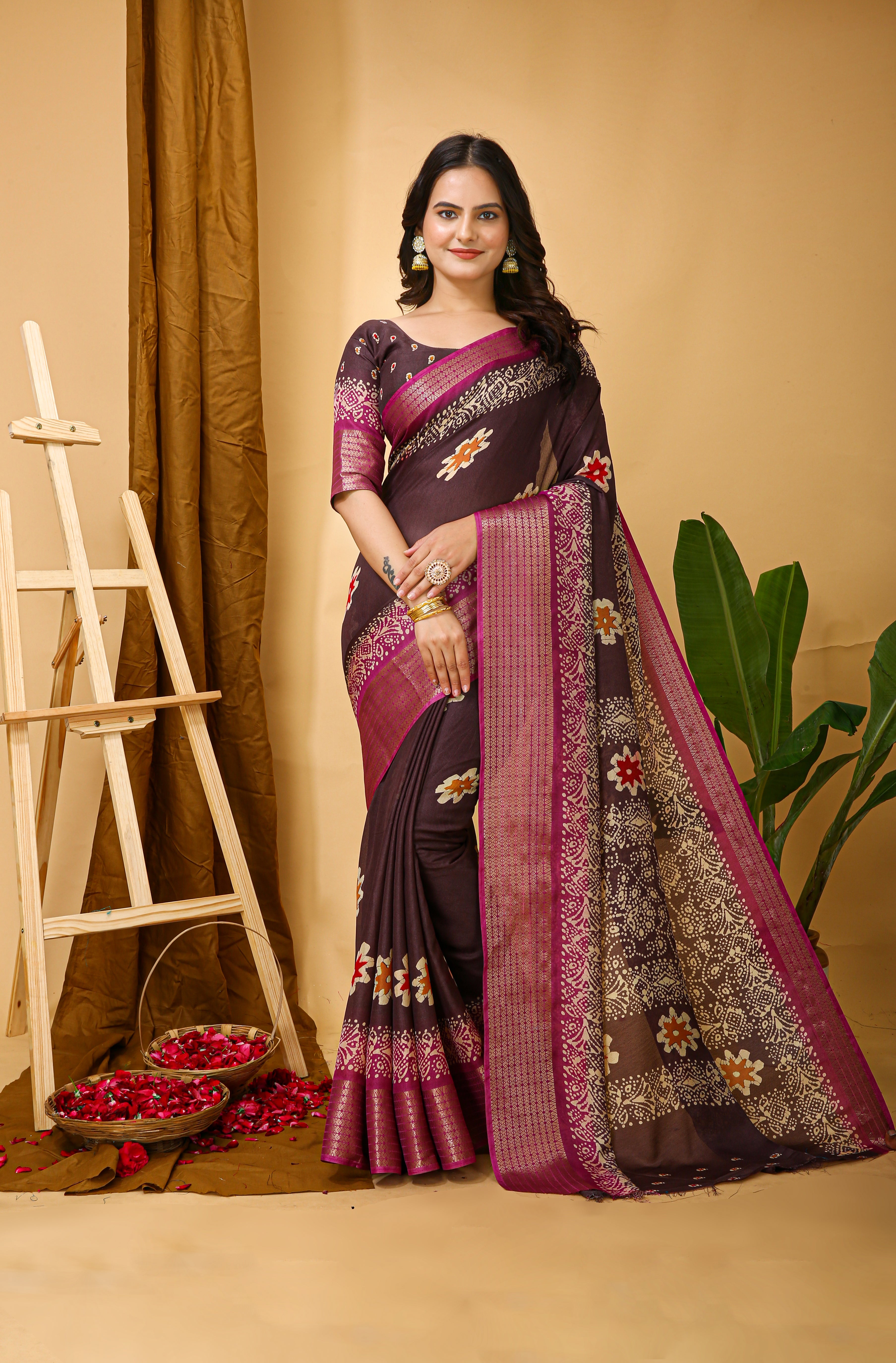 New Enchanting Fancy Soft Marshmallow Pink Bodered Brown Saree With Unstiched Blouse