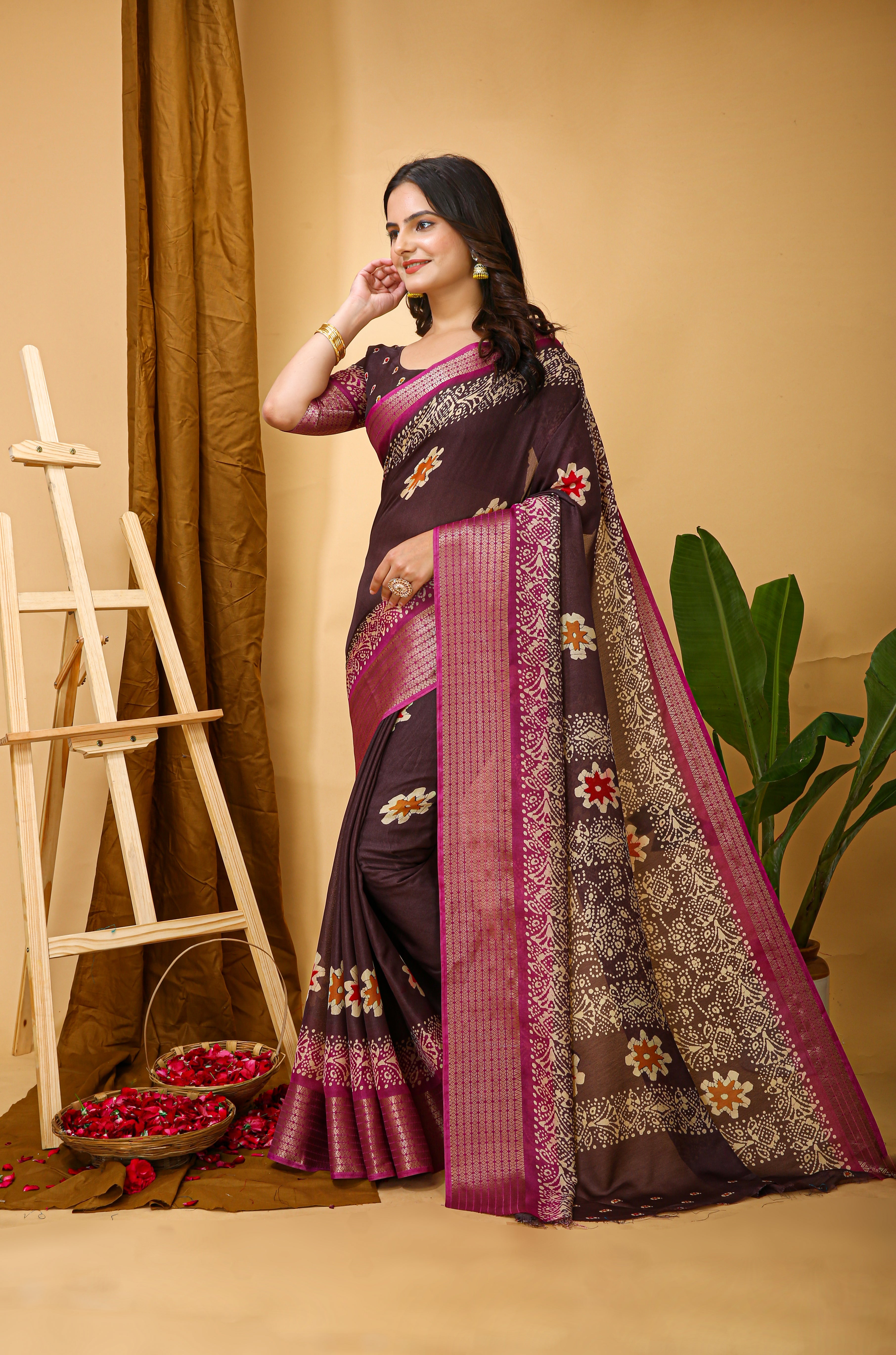 New Enchanting Fancy Soft Marshmallow Pink Bodered Brown Saree With Unstiched Blouse