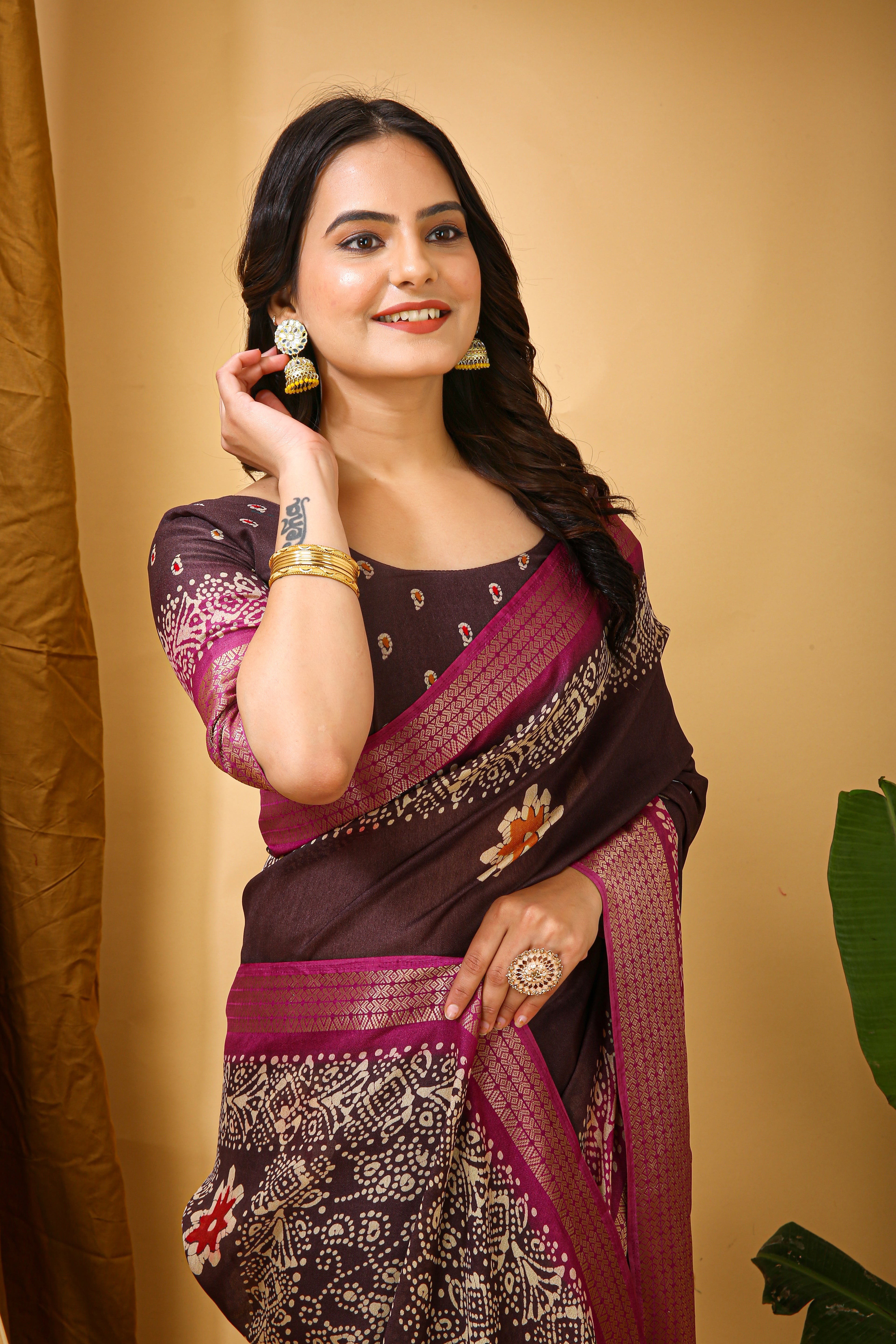 New Enchanting Fancy Soft Marshmallow Pink Bodered Brown Saree With Unstiched Blouse