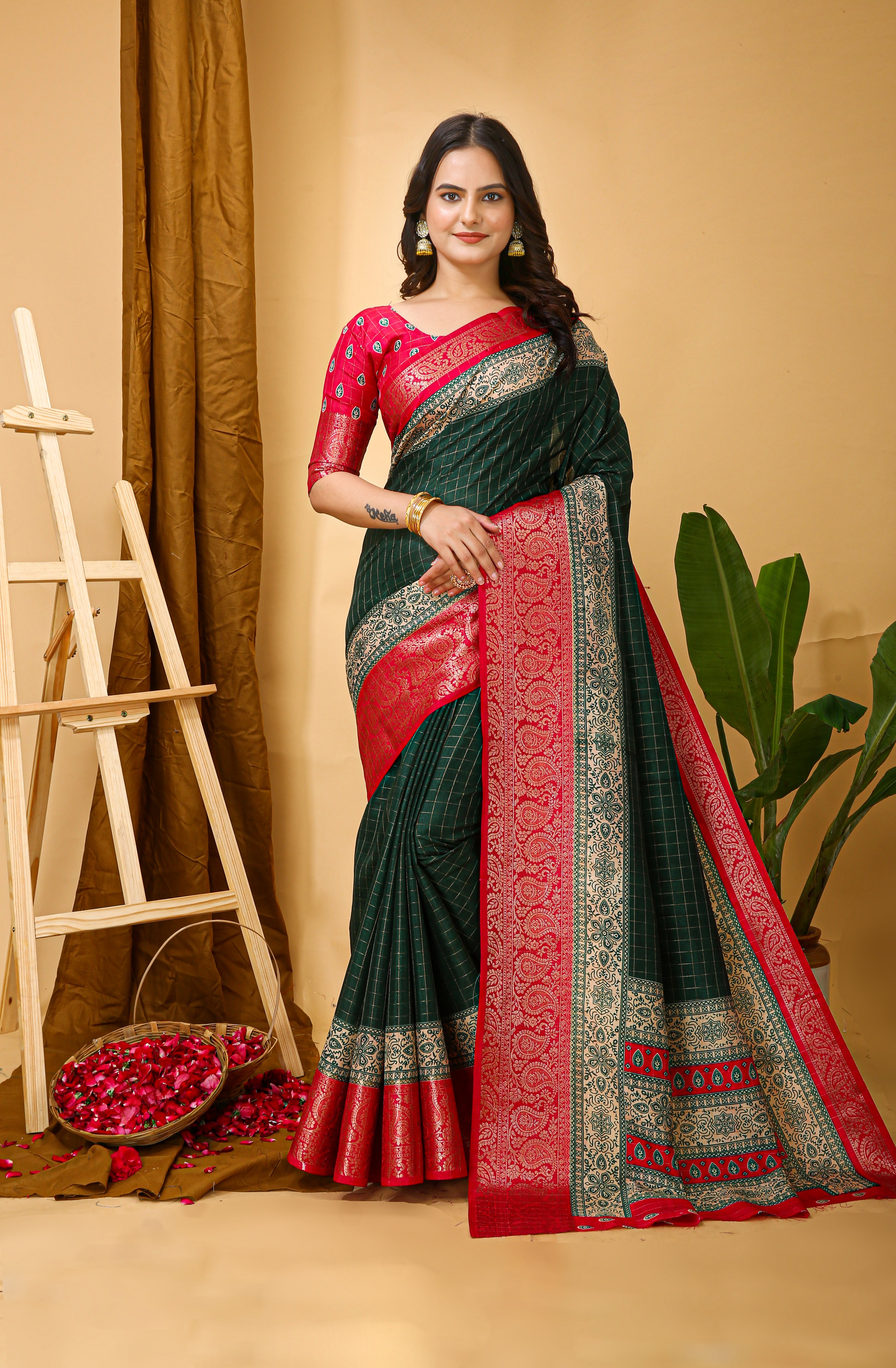 New Enchanting Soft Cotton Checks Printed Green Saree With Unstiched Blouse