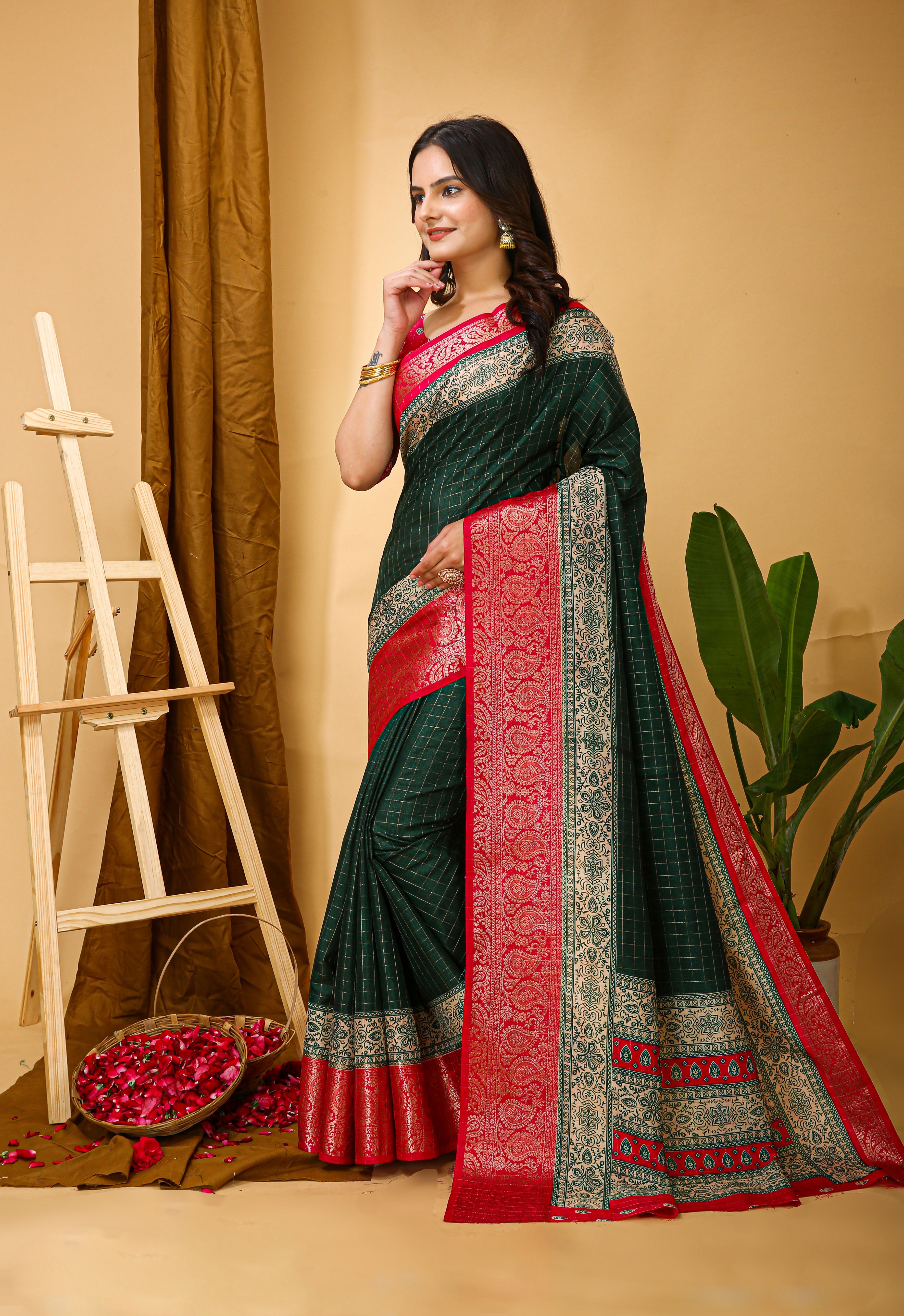 New Enchanting Soft Cotton Checks Printed Green Saree With Unstiched Blouse