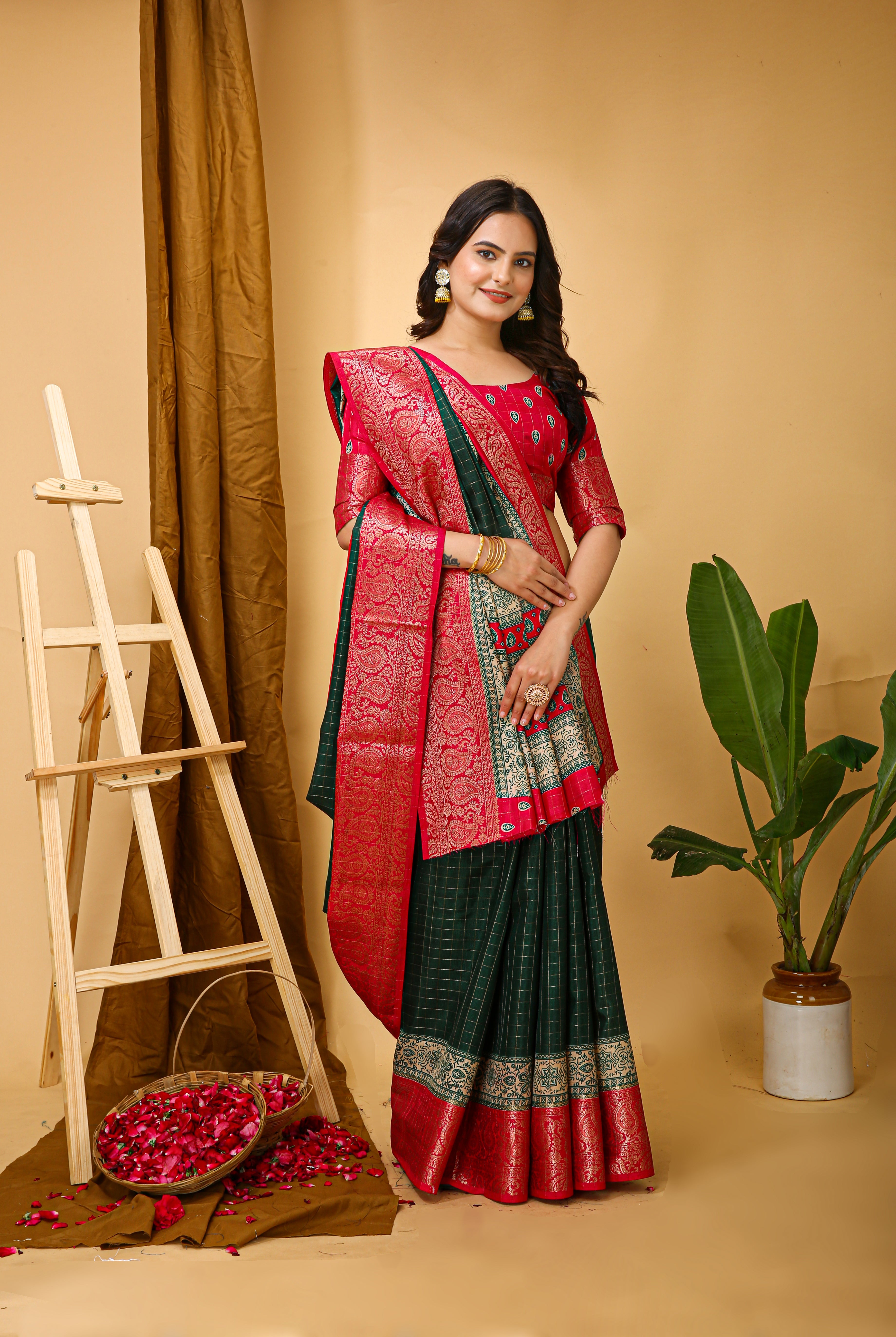 New Enchanting Soft Cotton Checks Printed Green Saree With Unstiched Blouse