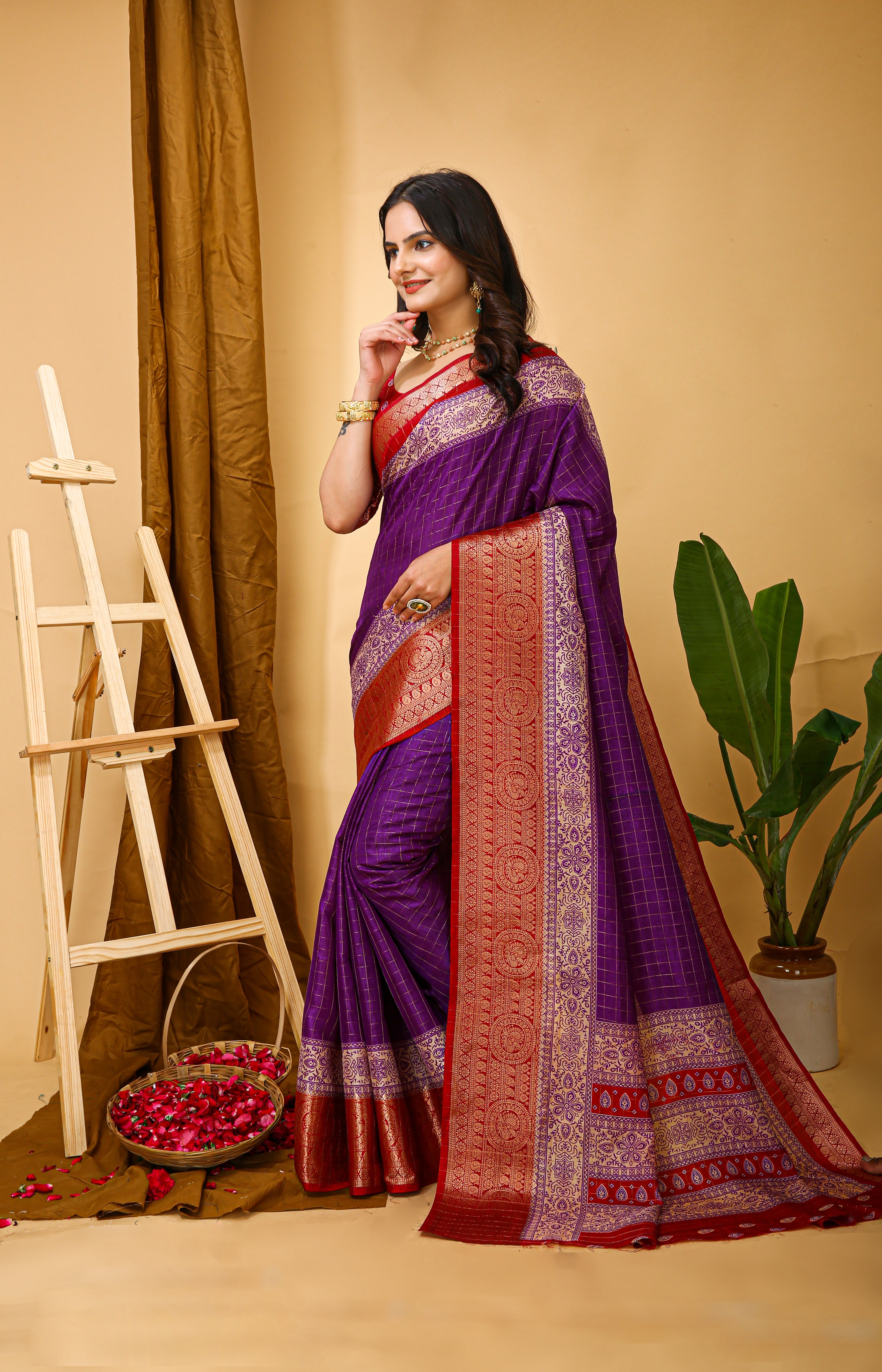 New Enchanting Soft Cotton Checks Printed Violet Saree With Unstiched Blouse