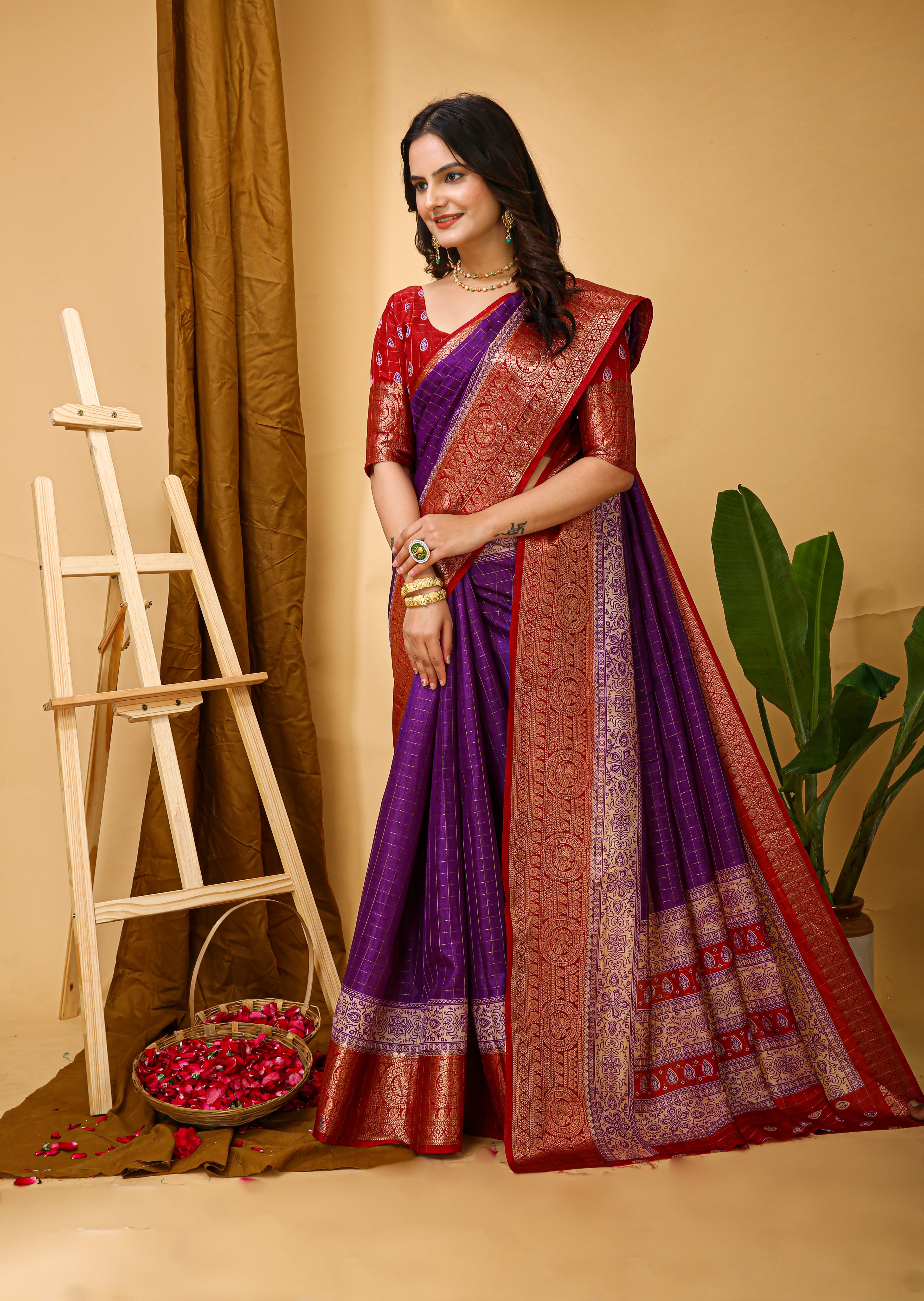 New Enchanting Soft Cotton Checks Printed Violet Saree With Unstiched Blouse