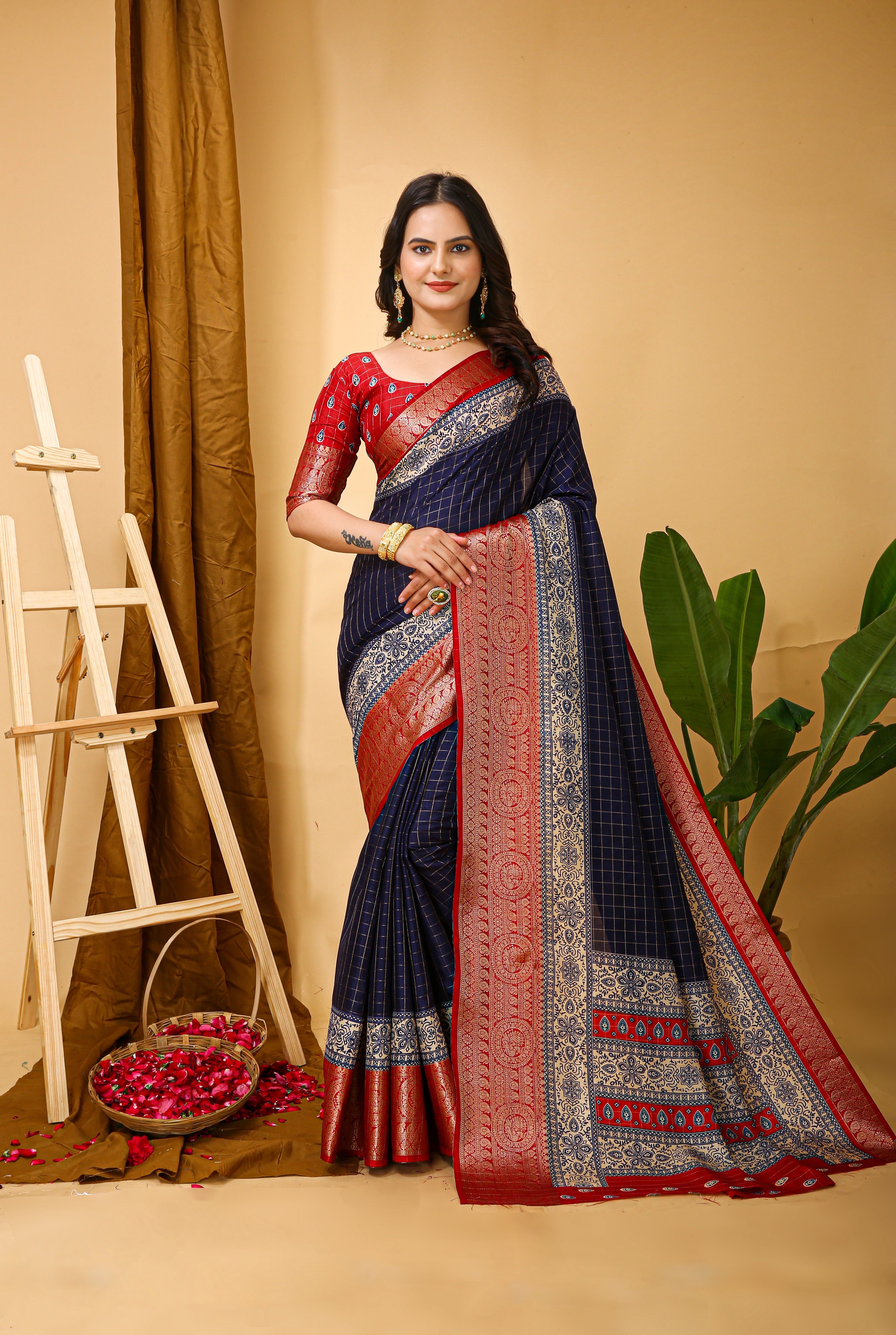 New Enchanting Soft Cotton Checks Printed Navy Blue Saree With Unstiched Blouse