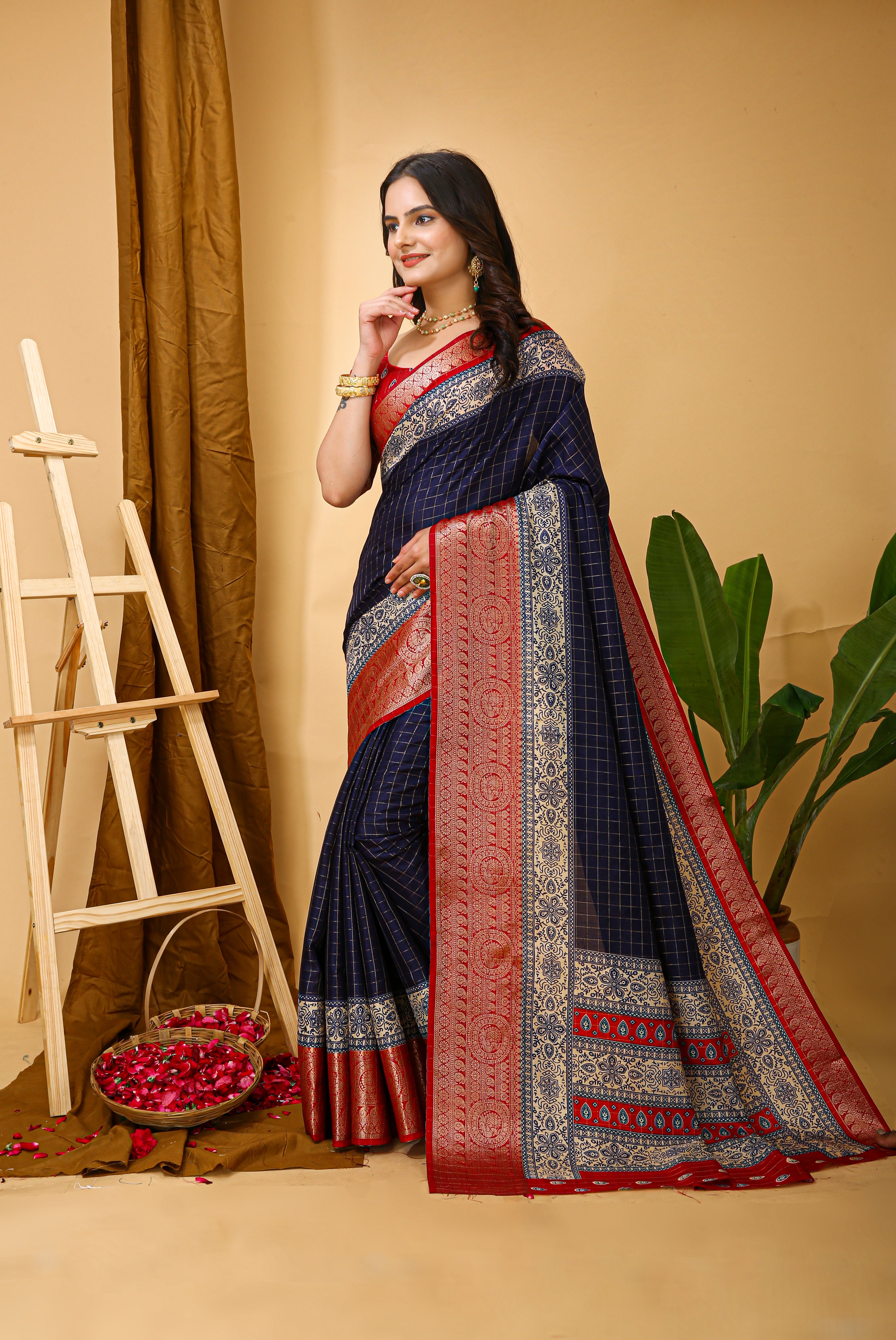 New Enchanting Soft Cotton Checks Printed Navy Blue Saree With Unstiched Blouse