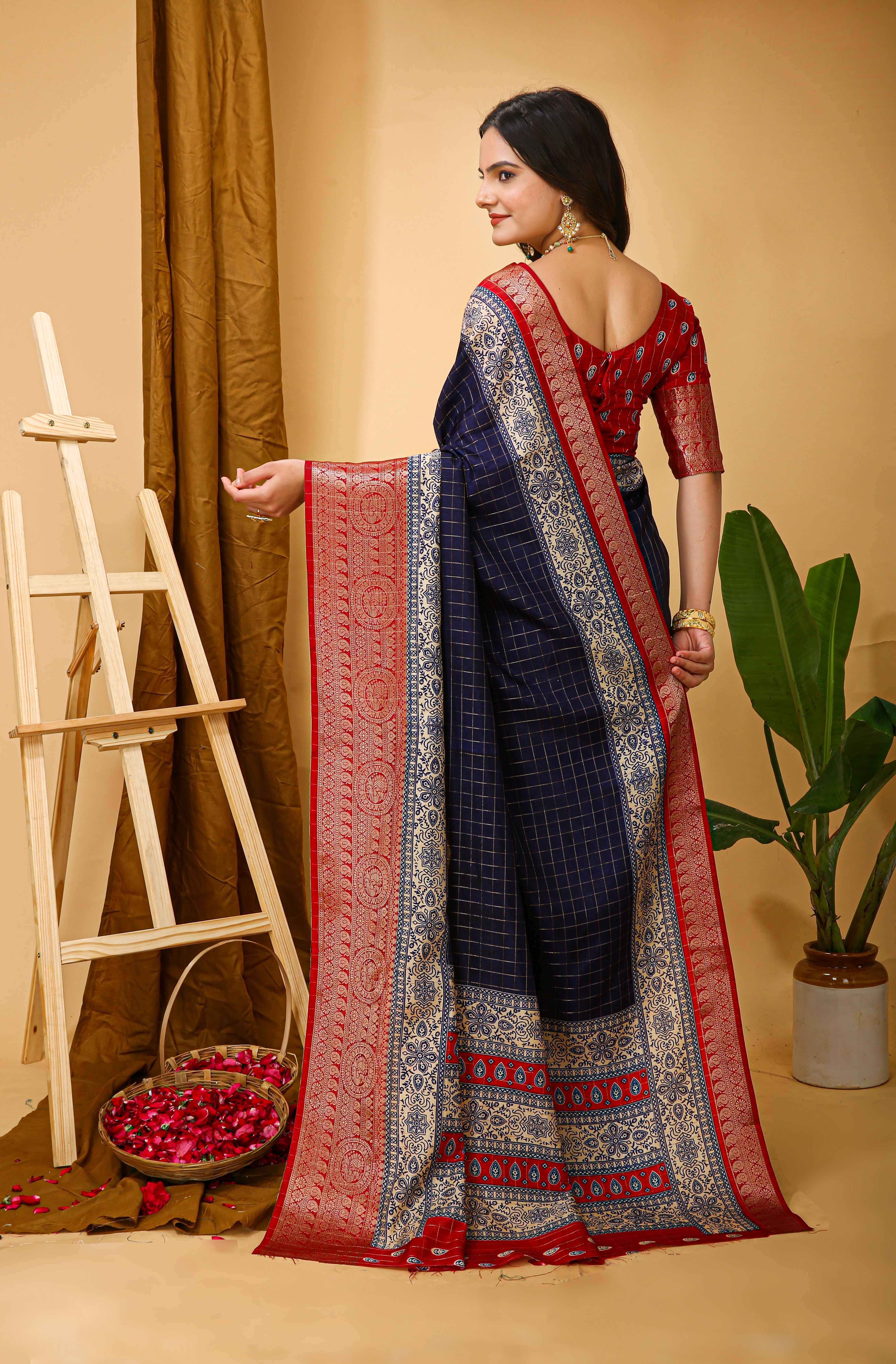 New Enchanting Soft Cotton Checks Printed Navy Blue Saree With Unstiched Blouse