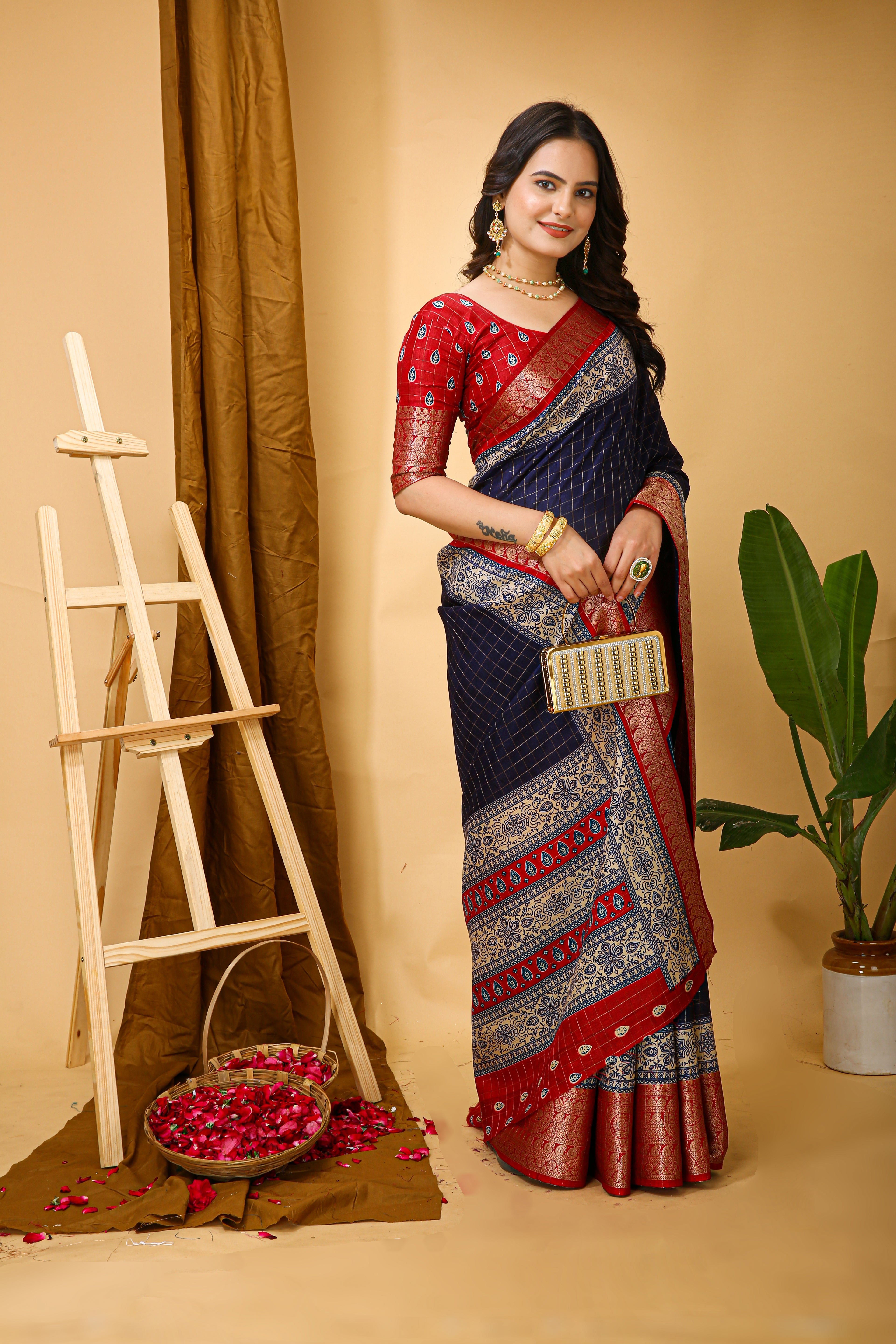 New Enchanting Soft Cotton Checks Printed Navy Blue Saree With Unstiched Blouse