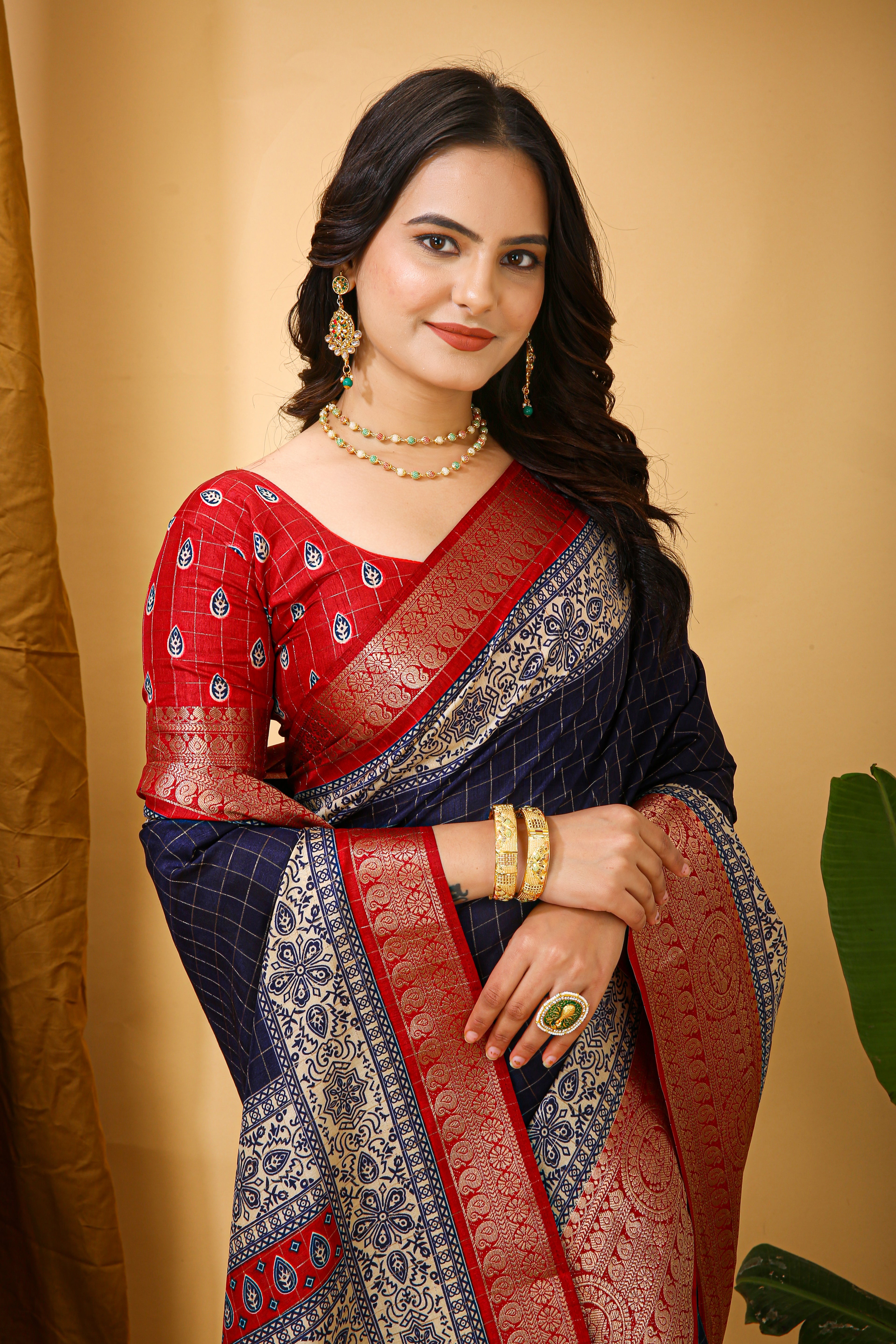 New Enchanting Soft Cotton Checks Printed Navy Blue Saree With Unstiched Blouse