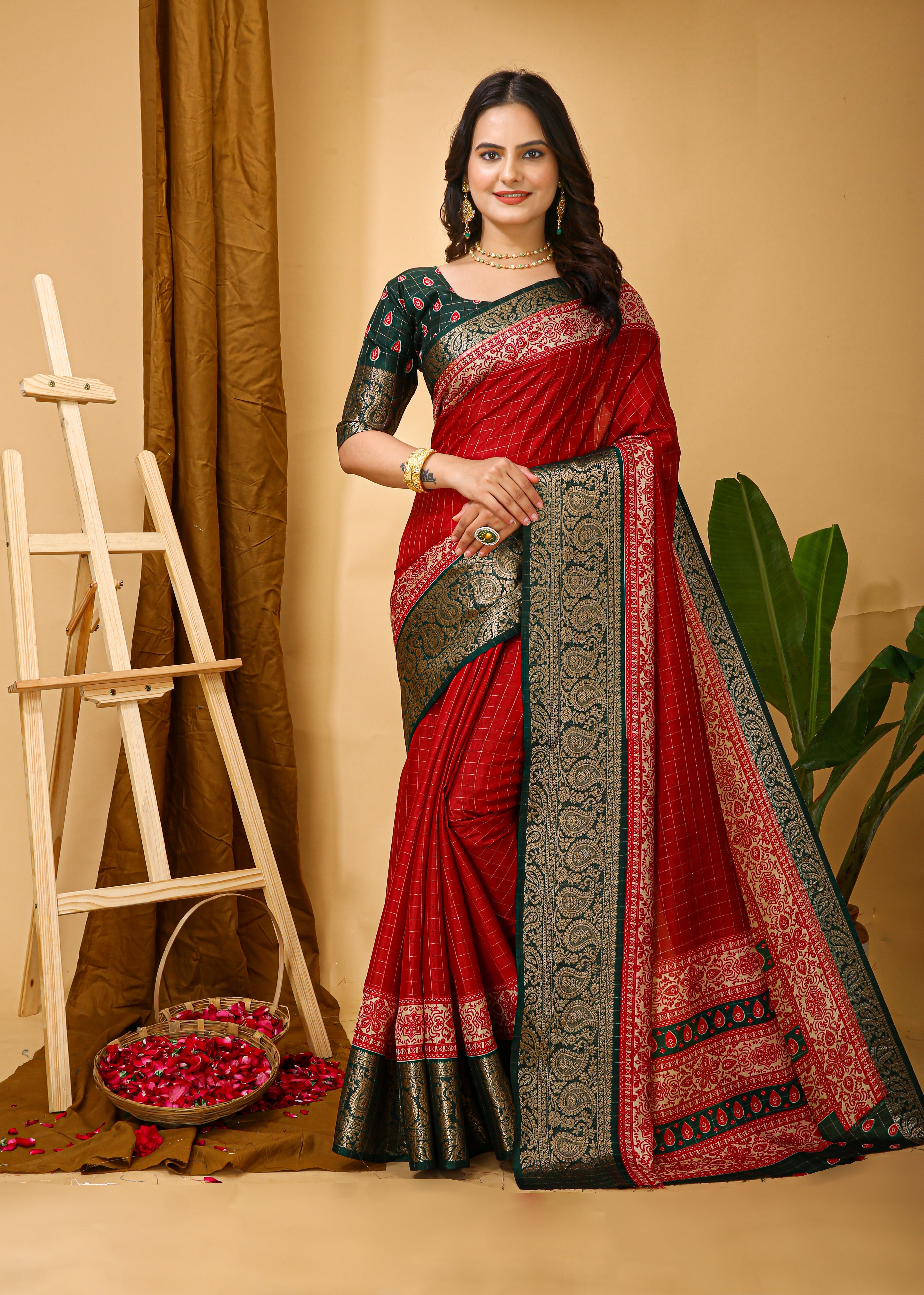 New Enchanting Soft Cotton Checks Printed Red Saree With Unstiched Blouse