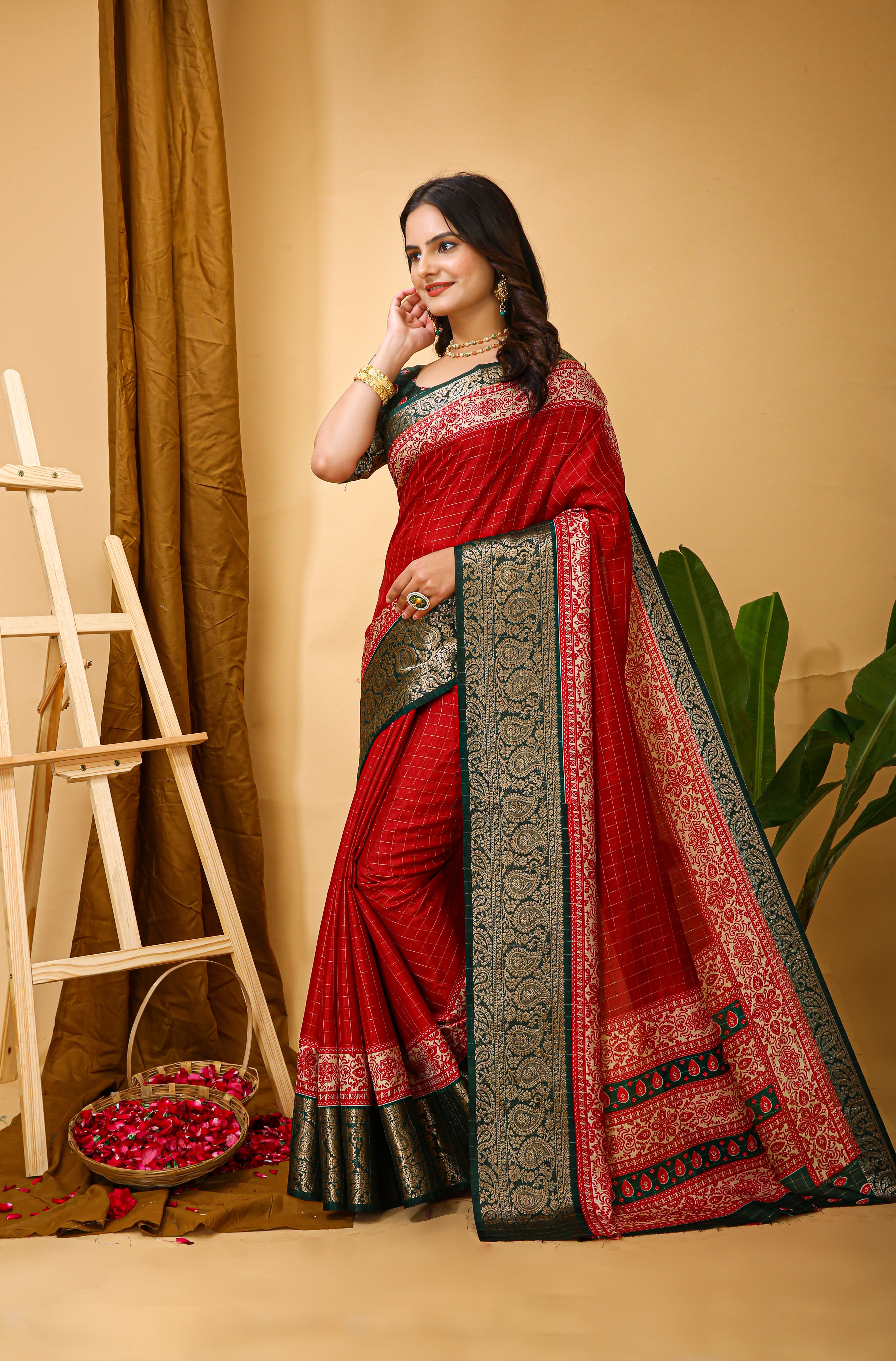 New Enchanting Soft Cotton Checks Printed Red Saree With Unstiched Blouse