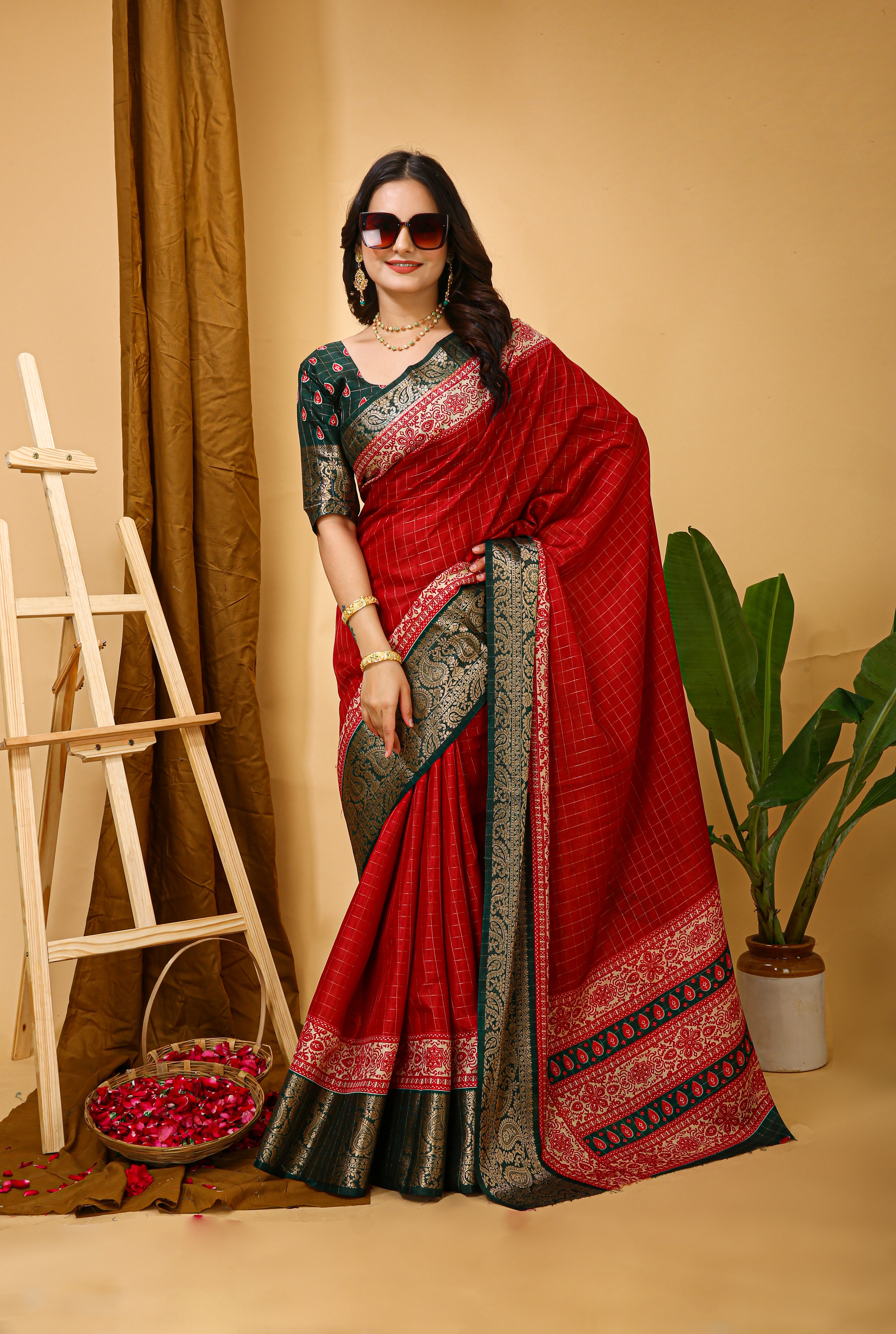 New Enchanting Soft Cotton Checks Printed Red Saree With Unstiched Blouse