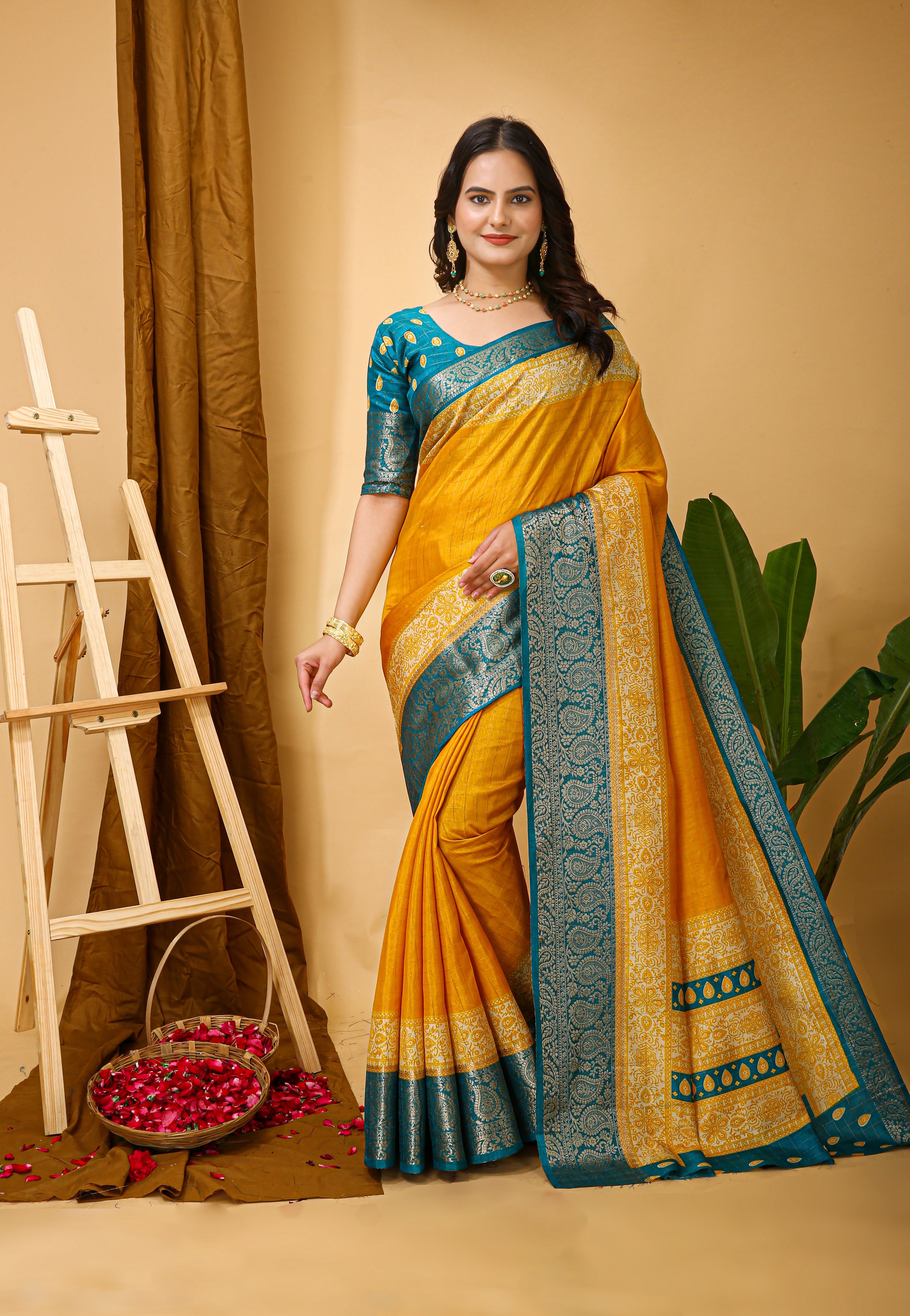 New Enchanting Soft Cotton Checks Printed Yellow Saree With Unstiched Blouse