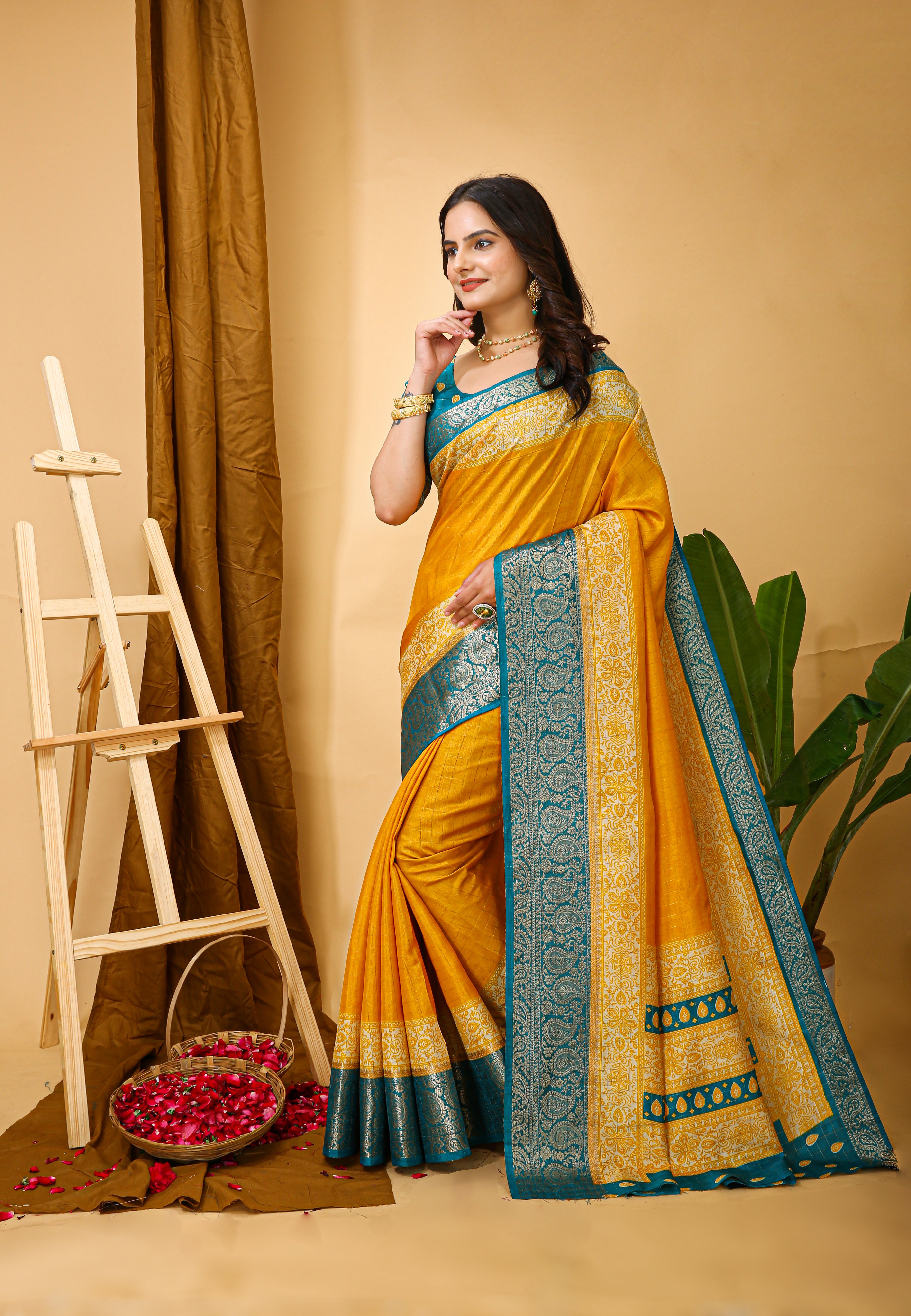 New Enchanting Soft Cotton Checks Printed Yellow Saree With Unstiched Blouse