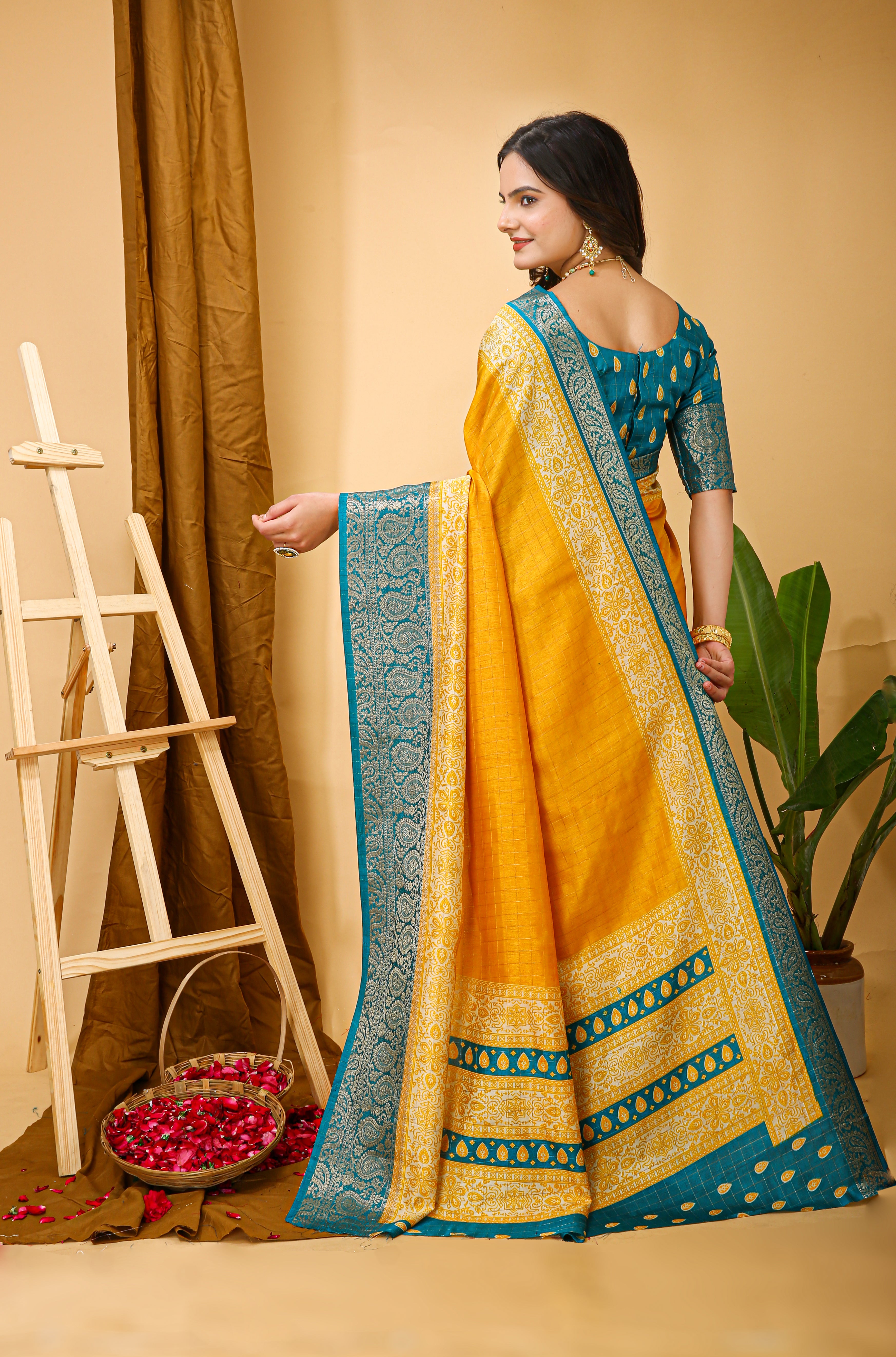 New Enchanting Soft Cotton Checks Printed Yellow Saree With Unstiched Blouse