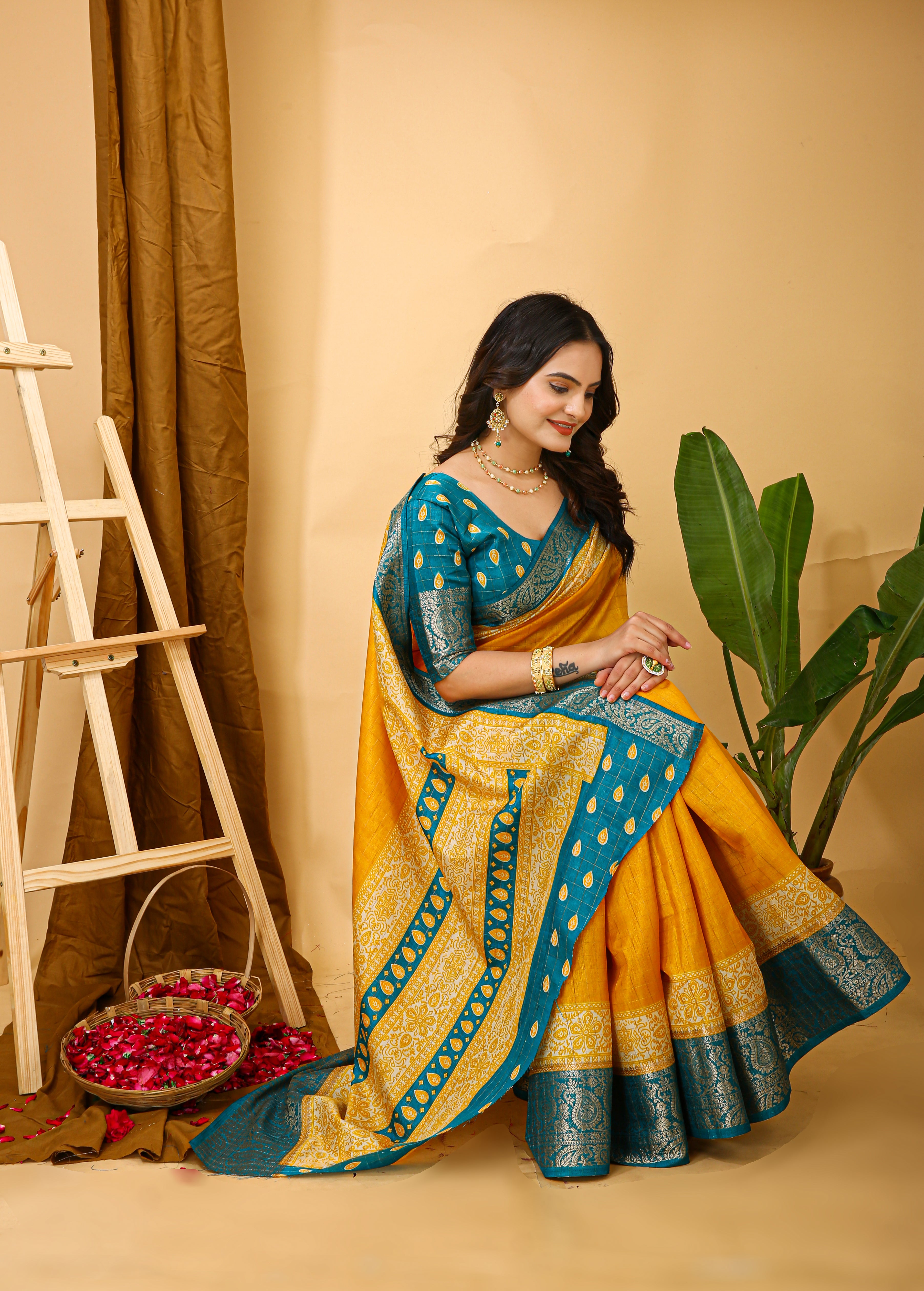 New Enchanting Soft Cotton Checks Printed Yellow Saree With Unstiched Blouse