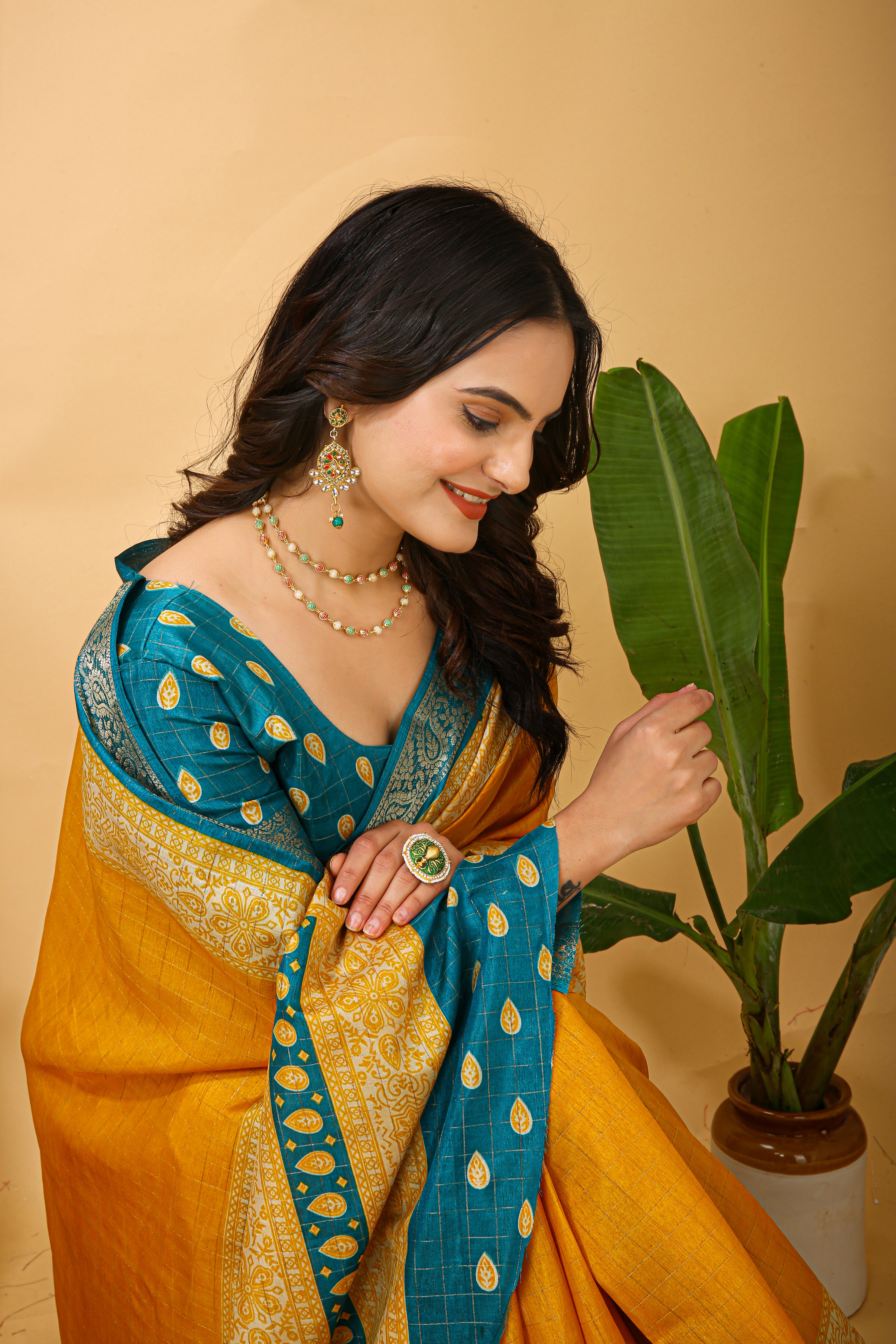 New Enchanting Soft Cotton Checks Printed Yellow Saree With Unstiched Blouse