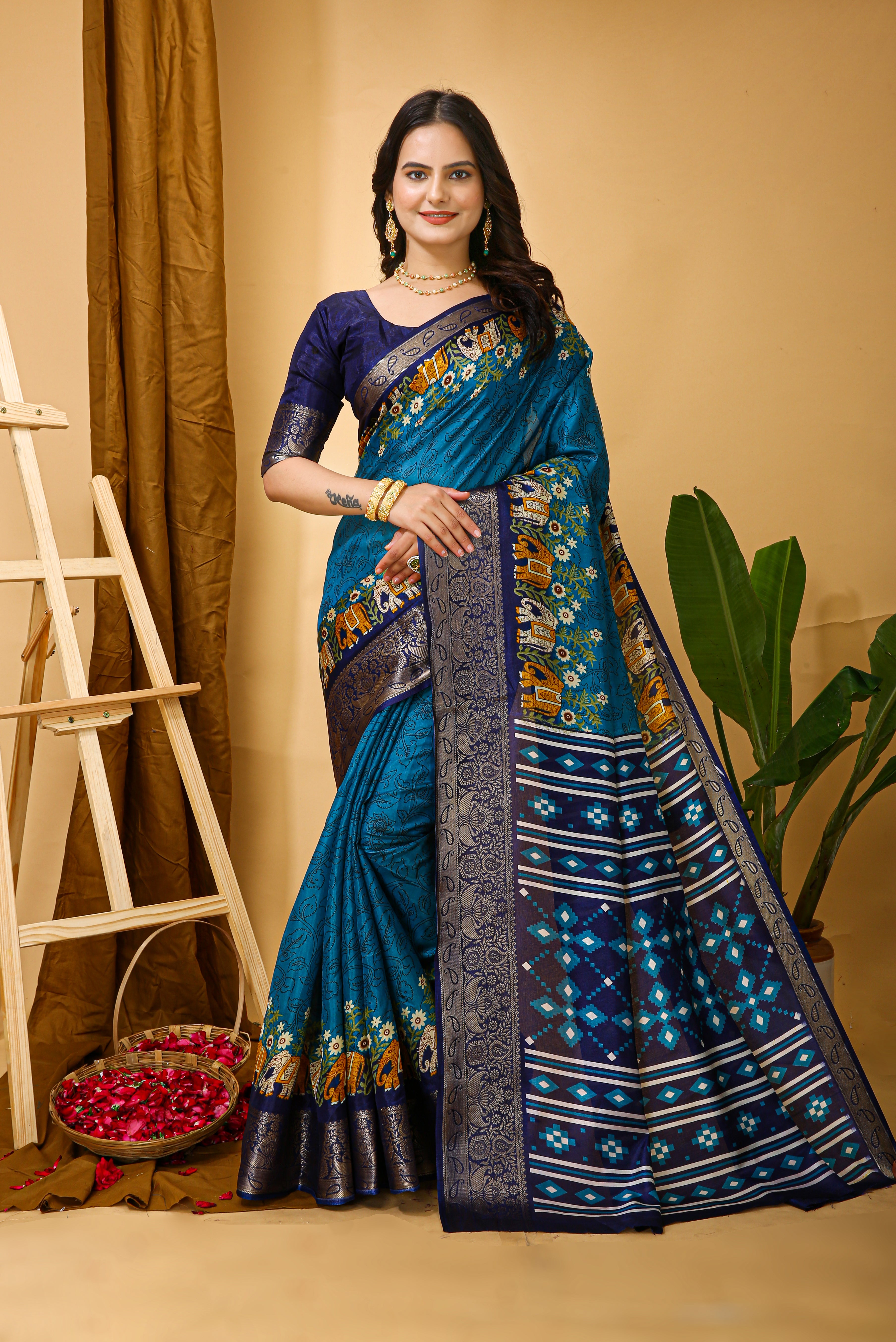 New Enchanting soft cotton Traditional Elephant Printed Blue Saree With Unstiched Blouse