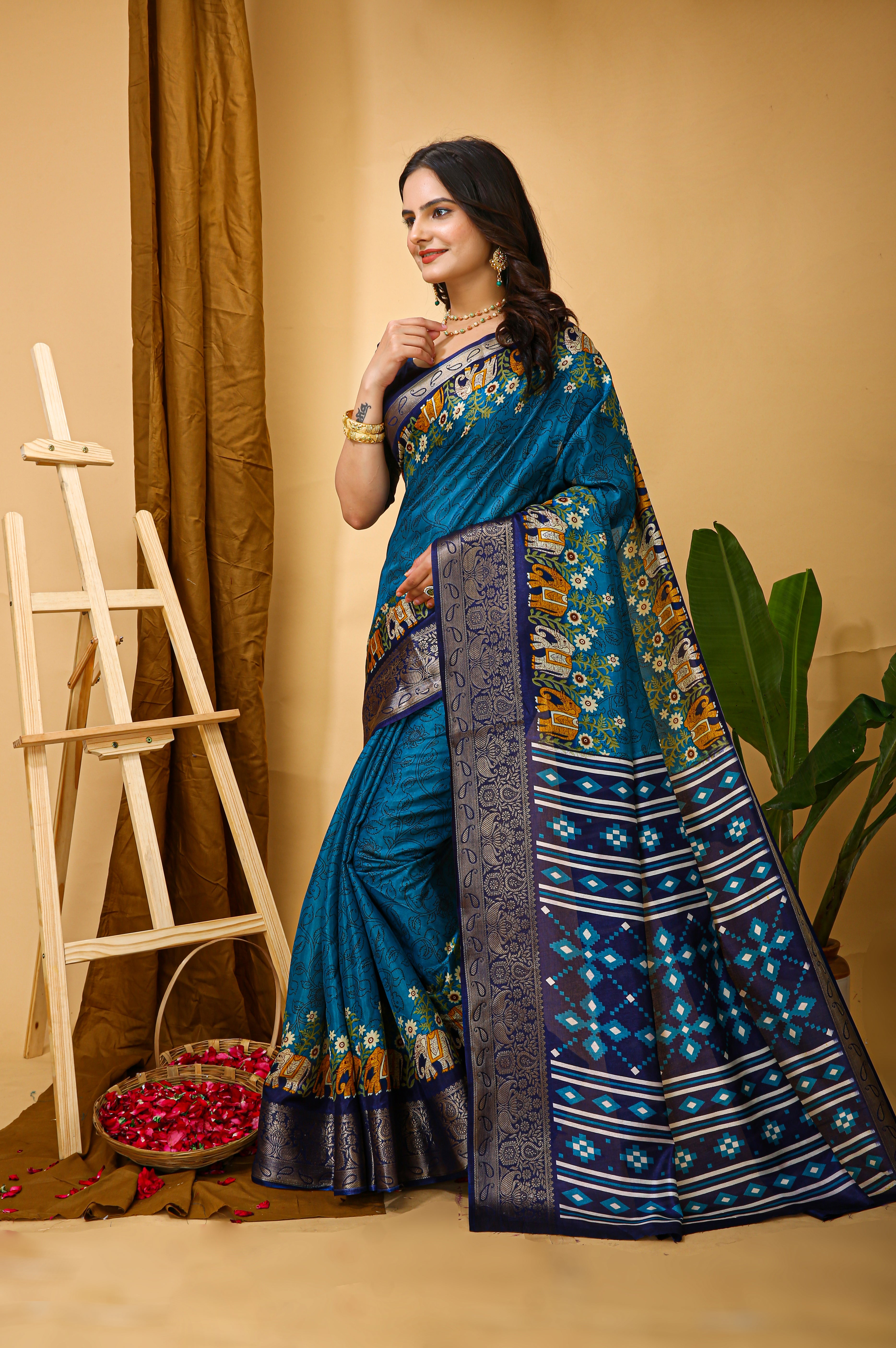 New Enchanting soft cotton Traditional Elephant Printed Blue Saree With Unstiched Blouse