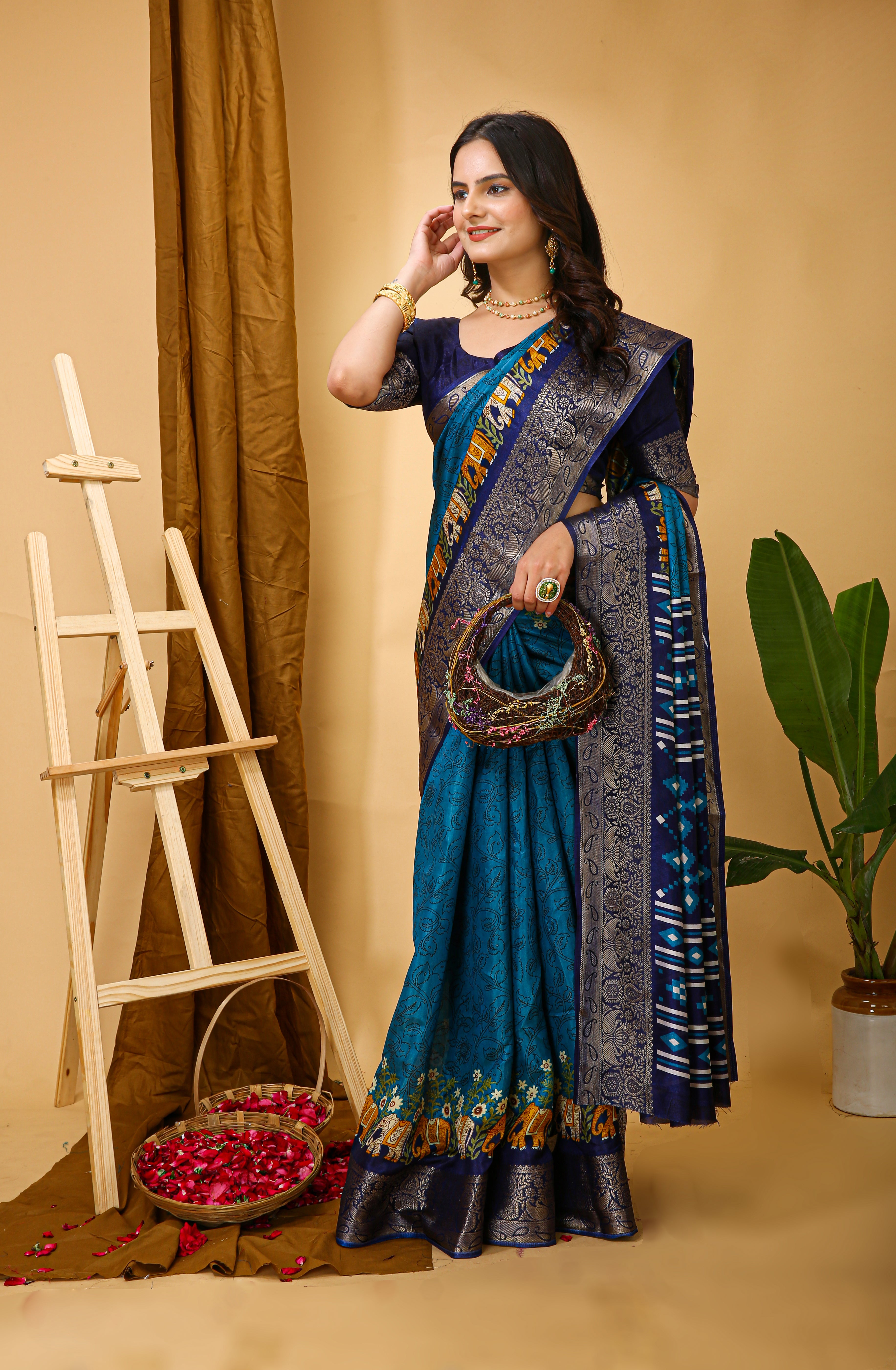 New Enchanting soft cotton Traditional Elephant Printed Blue Saree With Unstiched Blouse