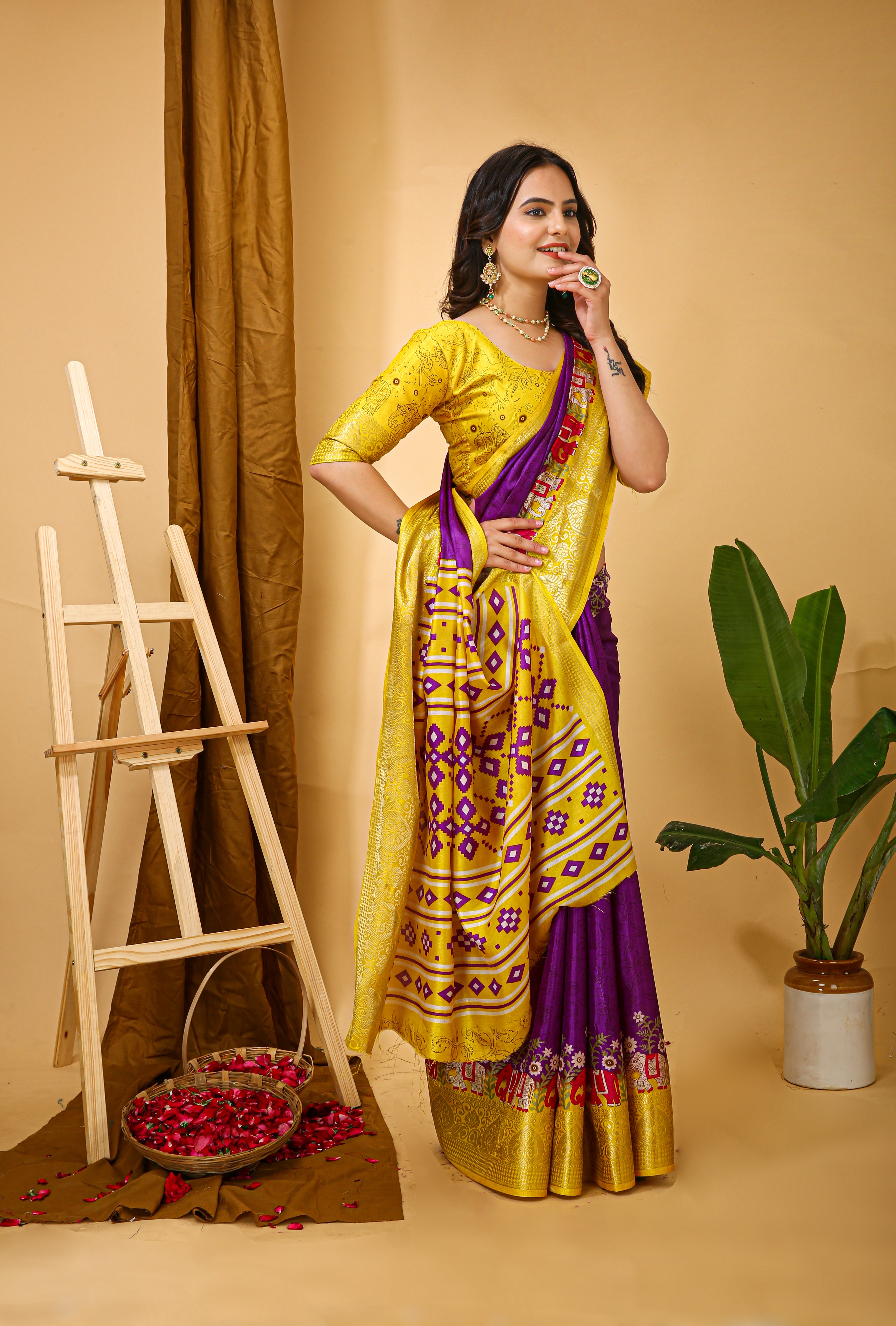 New Enchanting soft cotton Traditional Elephant Printed Violet Saree With Unstiched Blouse