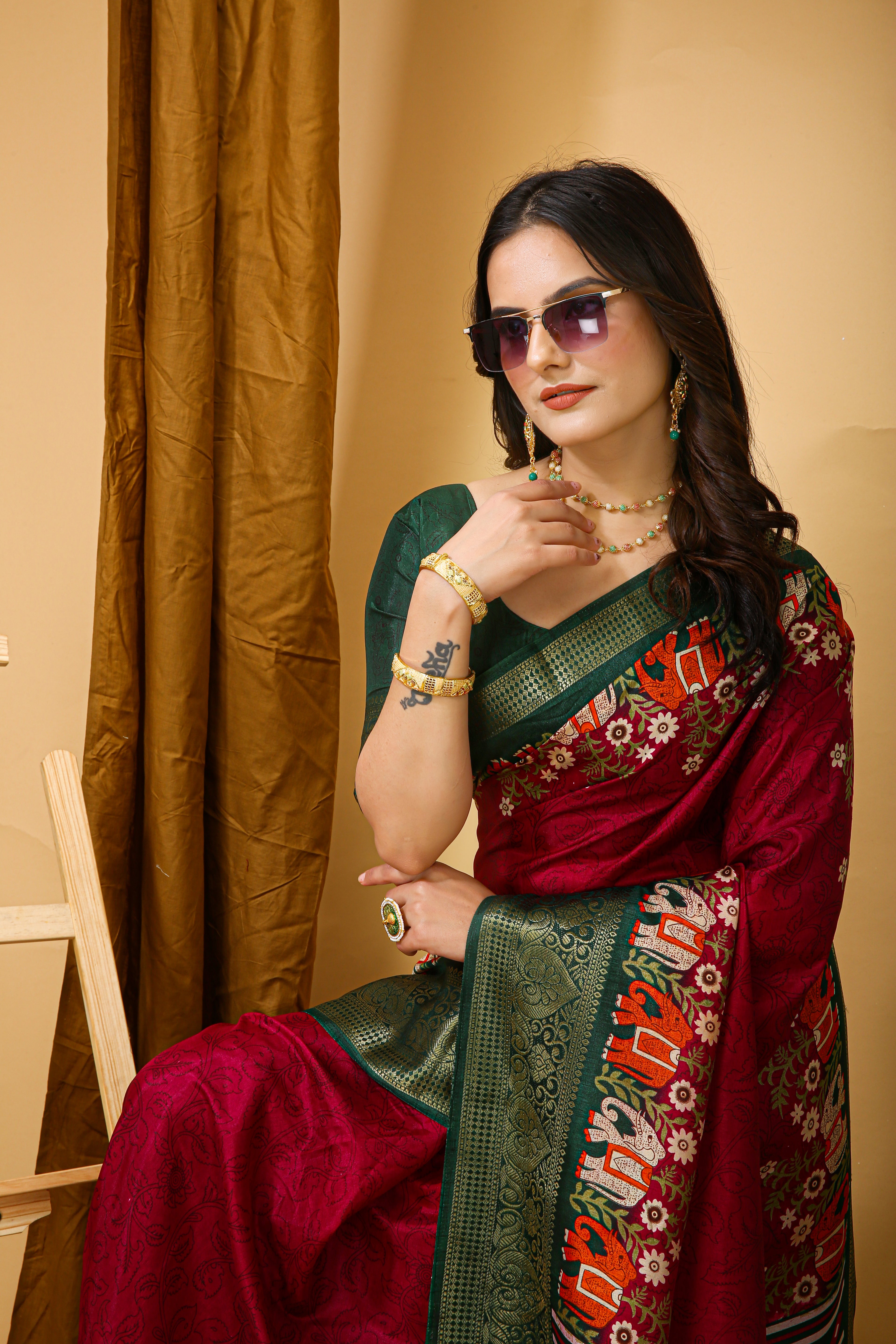 New Enchanting Soft Cotton Traditional Elephant Printed Maroon Red Saree With Unstiched Blouse