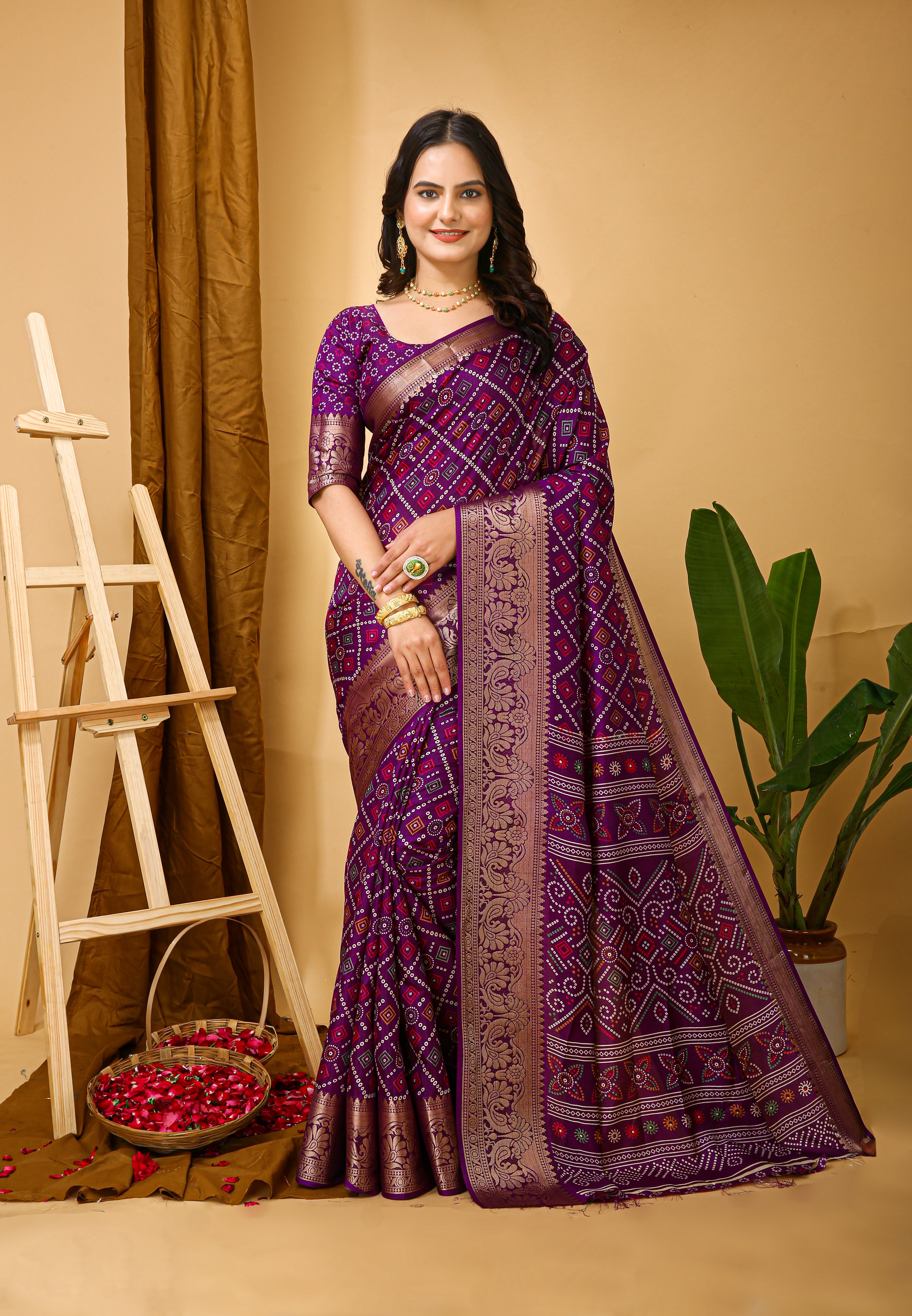 New Enchanting soft cotton Bandhani Printed Violet Saree With Unstiched Blouse