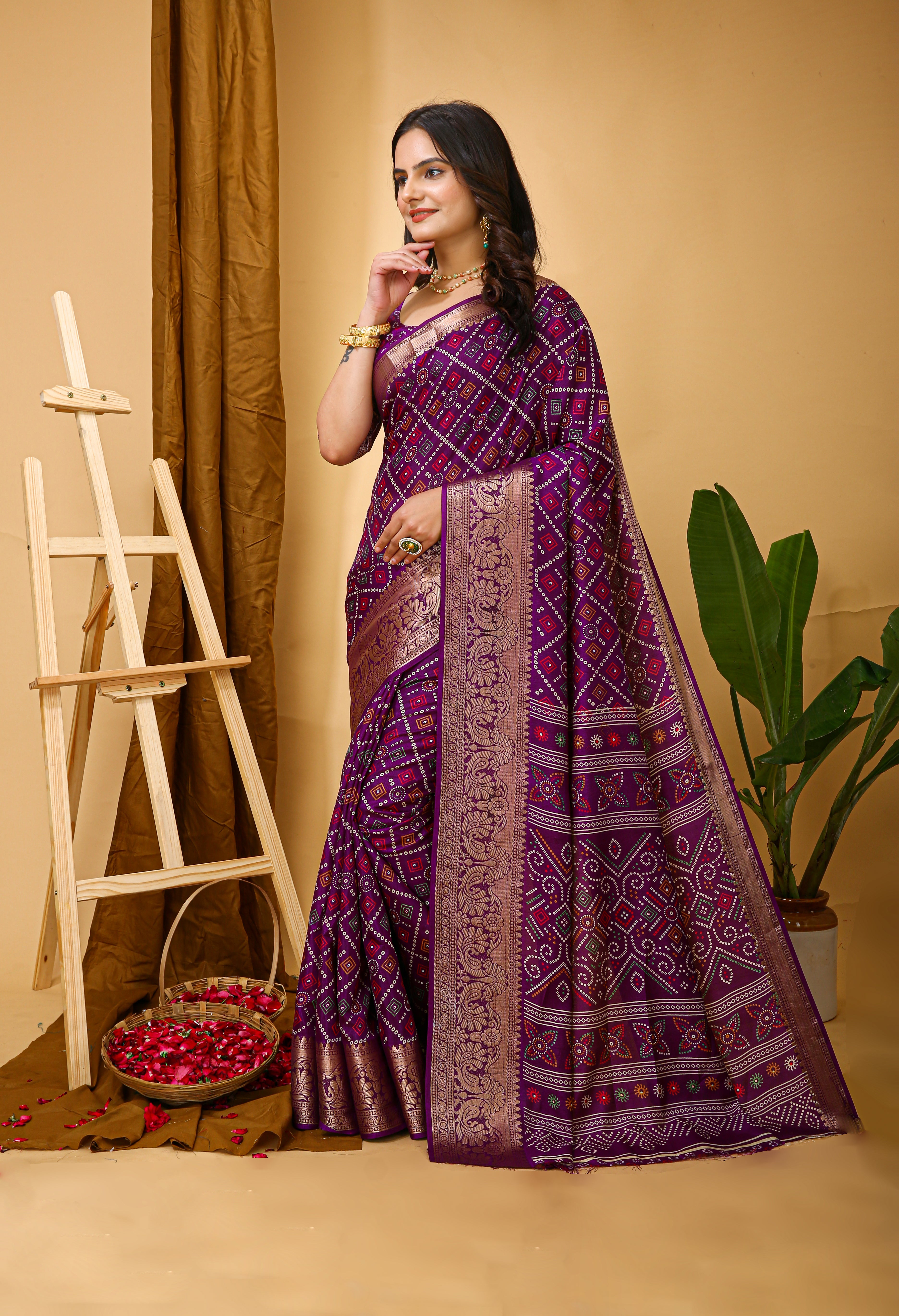 New Enchanting soft cotton Bandhani Printed Violet Saree With Unstiched Blouse