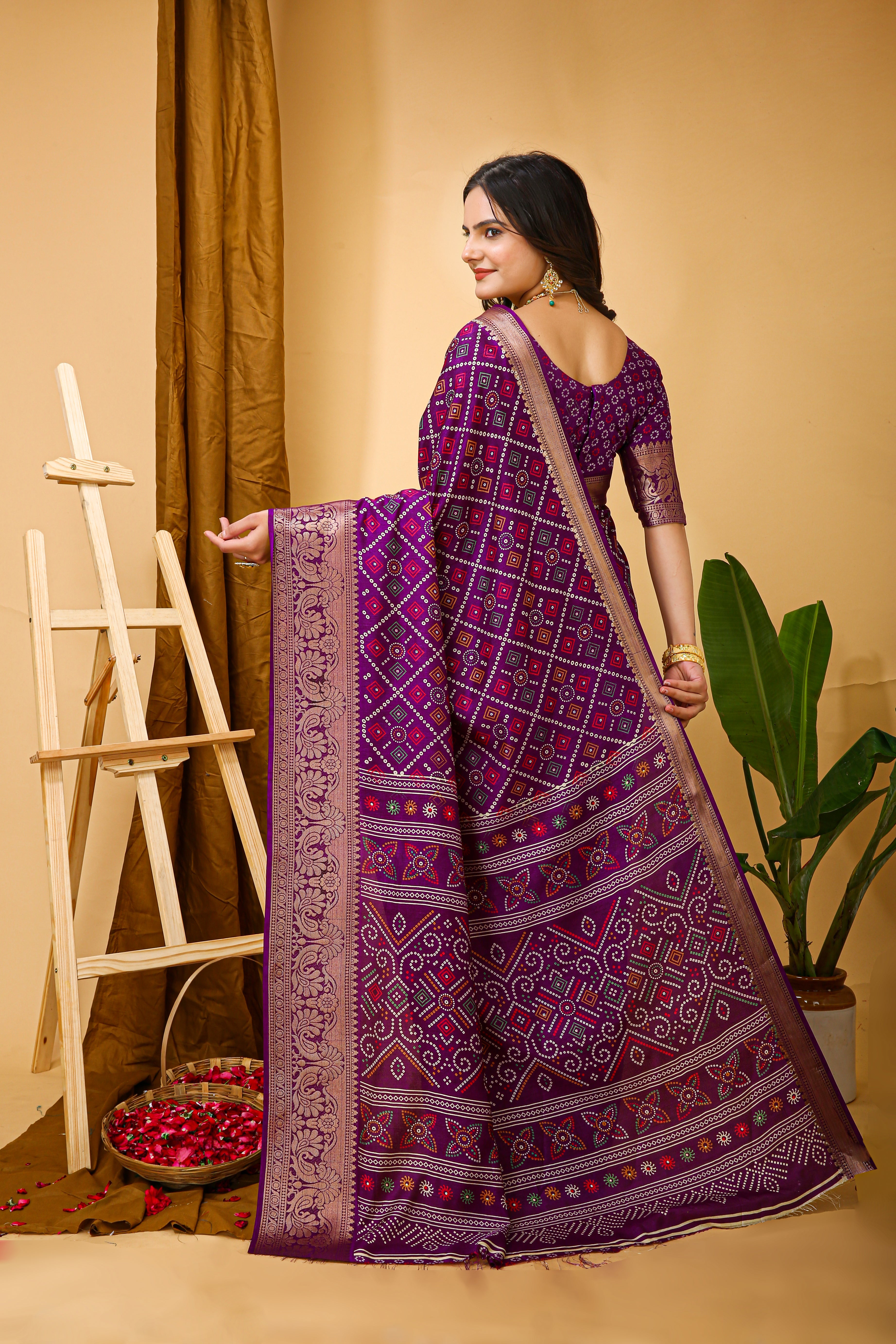 New Enchanting soft cotton Bandhani Printed Violet Saree With Unstiched Blouse