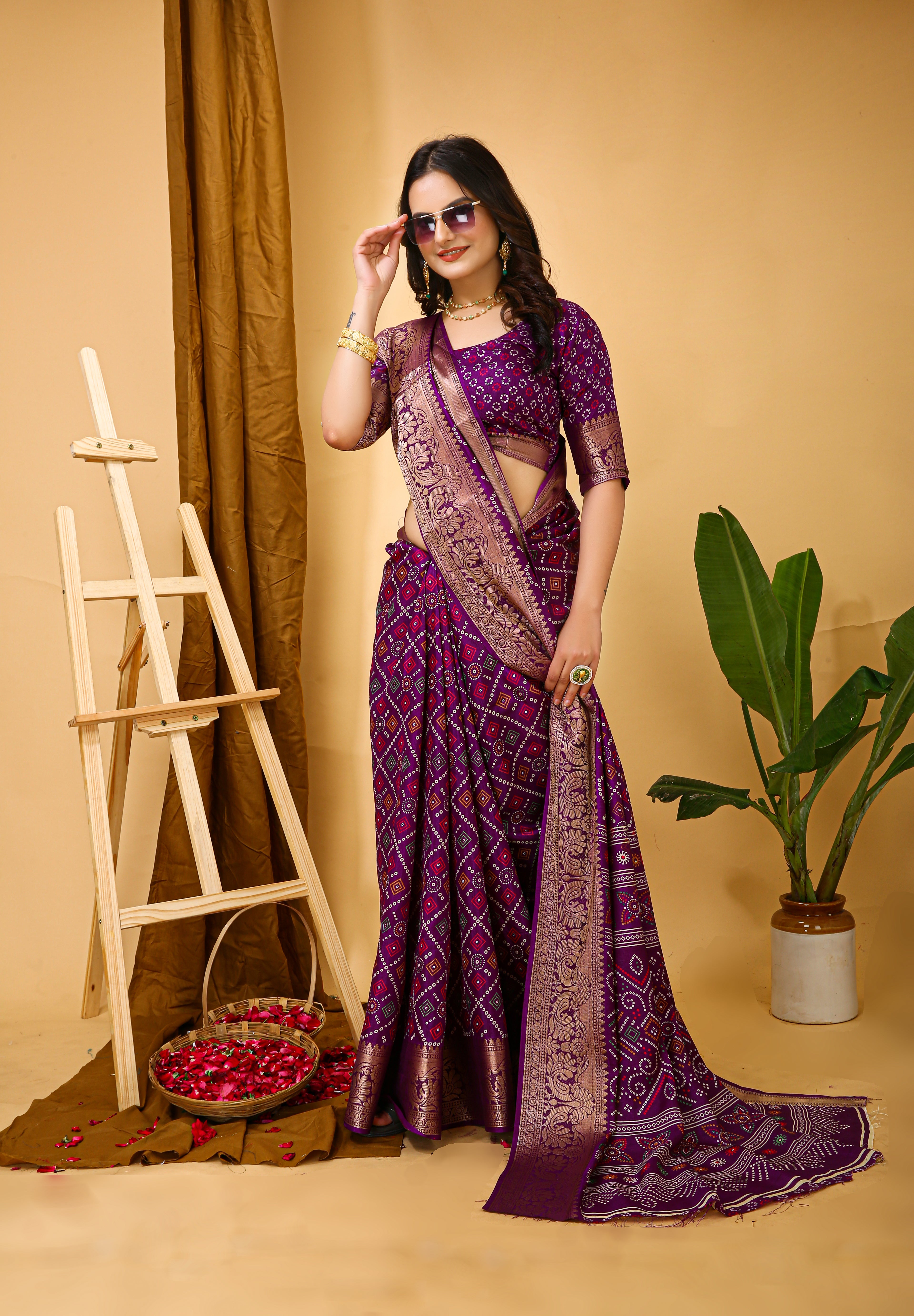 New Enchanting soft cotton Bandhani Printed Violet Saree With Unstiched Blouse